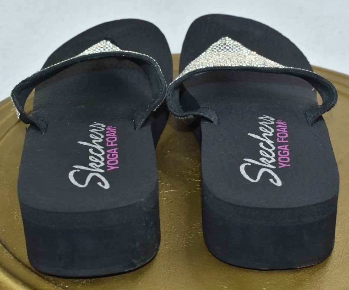 Skechers Vinyasa Women Sandals Size 8 Black Rhinestone Platform Slip On
