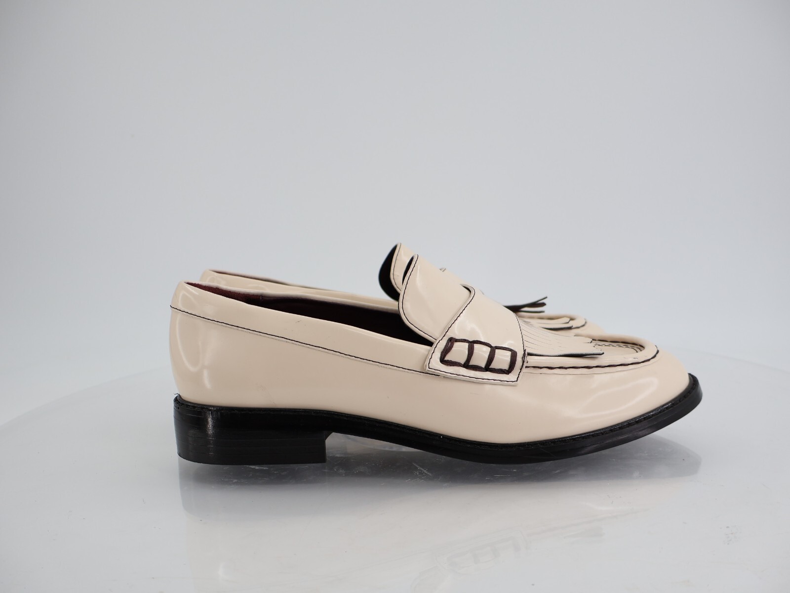 Franco Sarto Alonzo Penny Loafer Slip on Shoes Size 9 Beige Black Patent Vegan