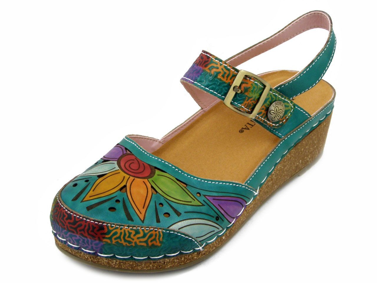 LAURA VITA Women’s Green Leather Multicolor Wedge and Platform Clog