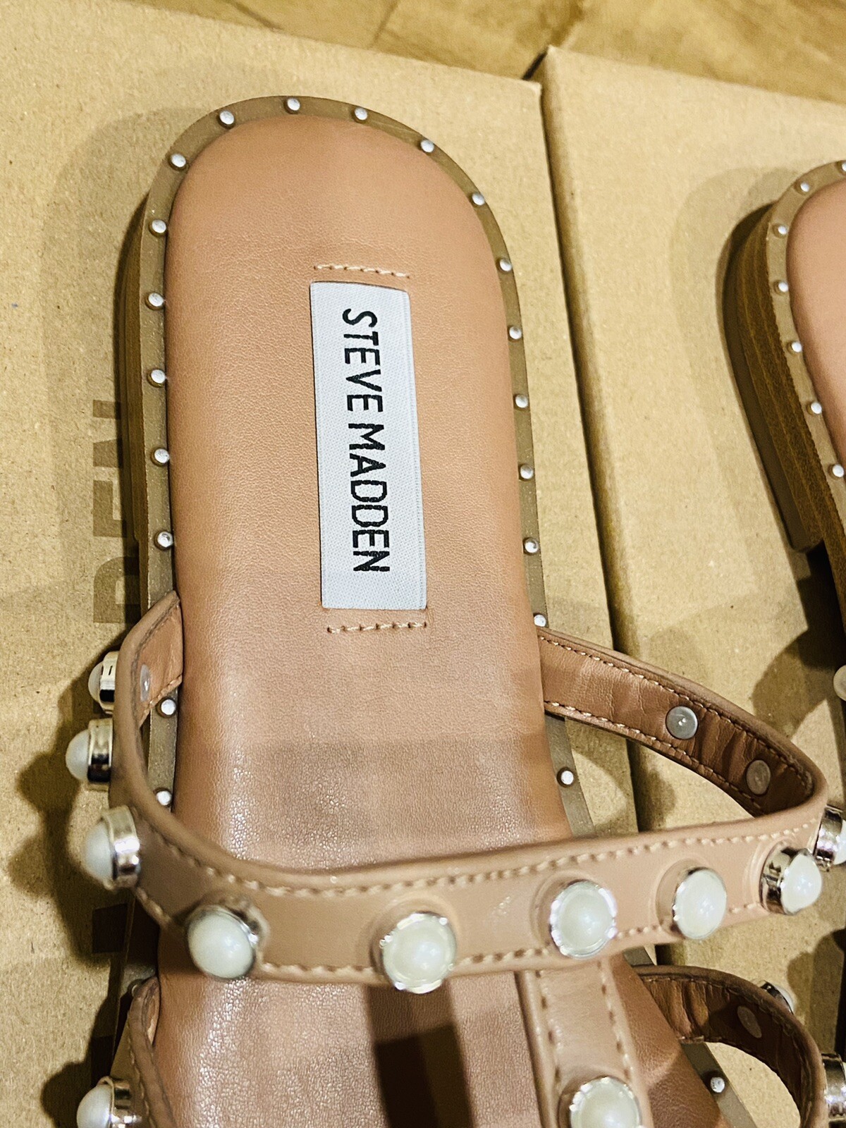 STEVE MADDEN Lynky Tan Caged Pearl Studded Slides Size 7