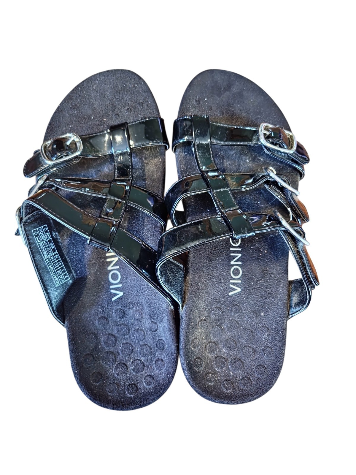 Vionic Women’s 9 Wide Misa Black Patent Leather Buckle Strappy Sandals Comfort