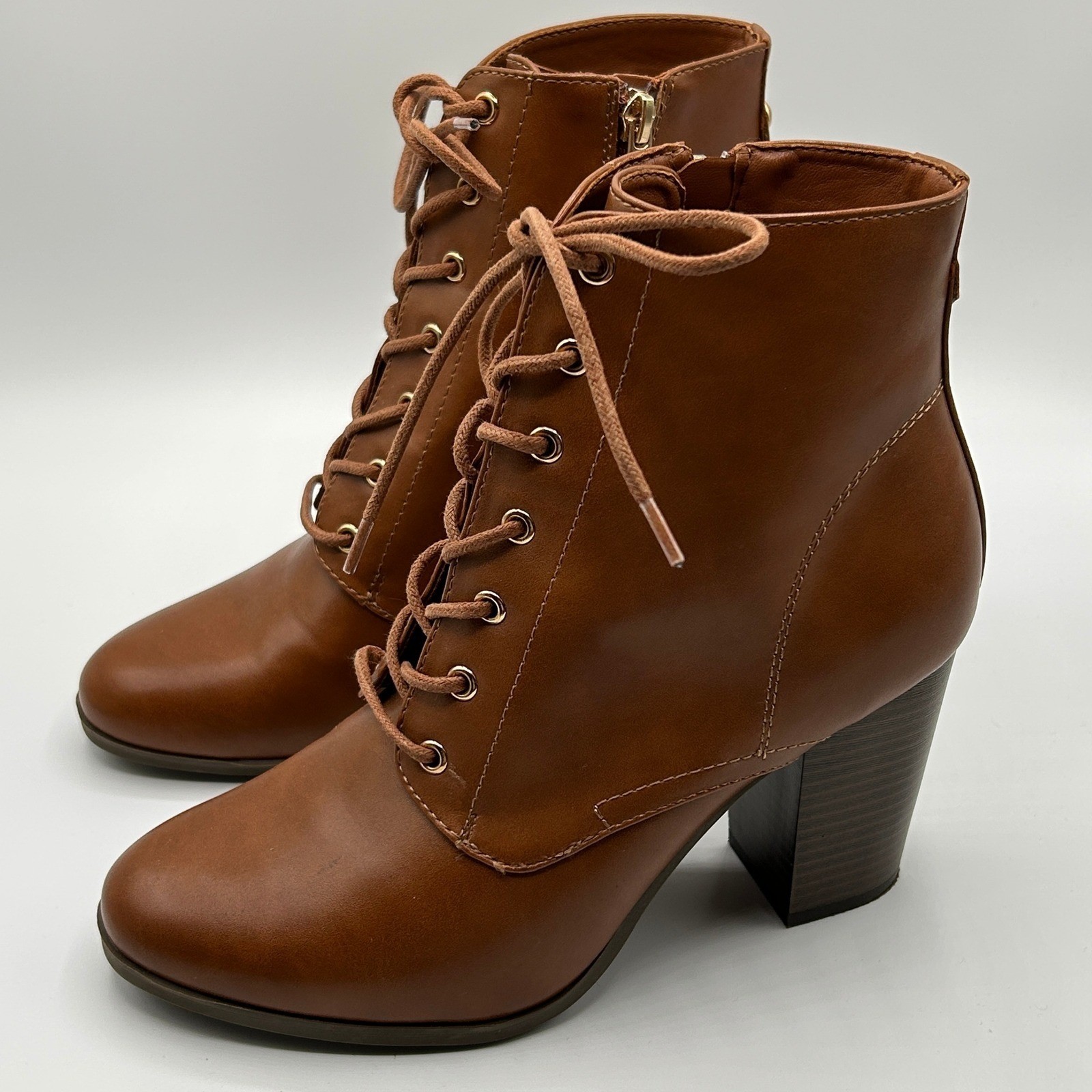 XAPPEAL Karen Lace Up Ankle Boots Block Heel Brown Faux Leather 8.5M Fall