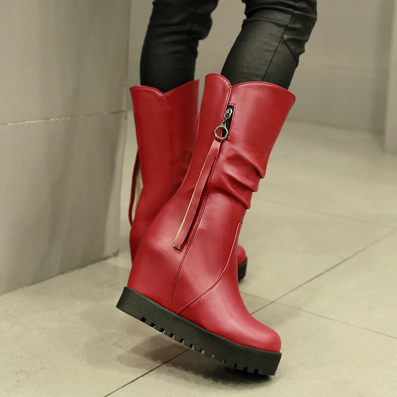 Womens Hidden Wedge Heels Leather Mid Calf Boots Slouch Casual Shoes All US 4-15