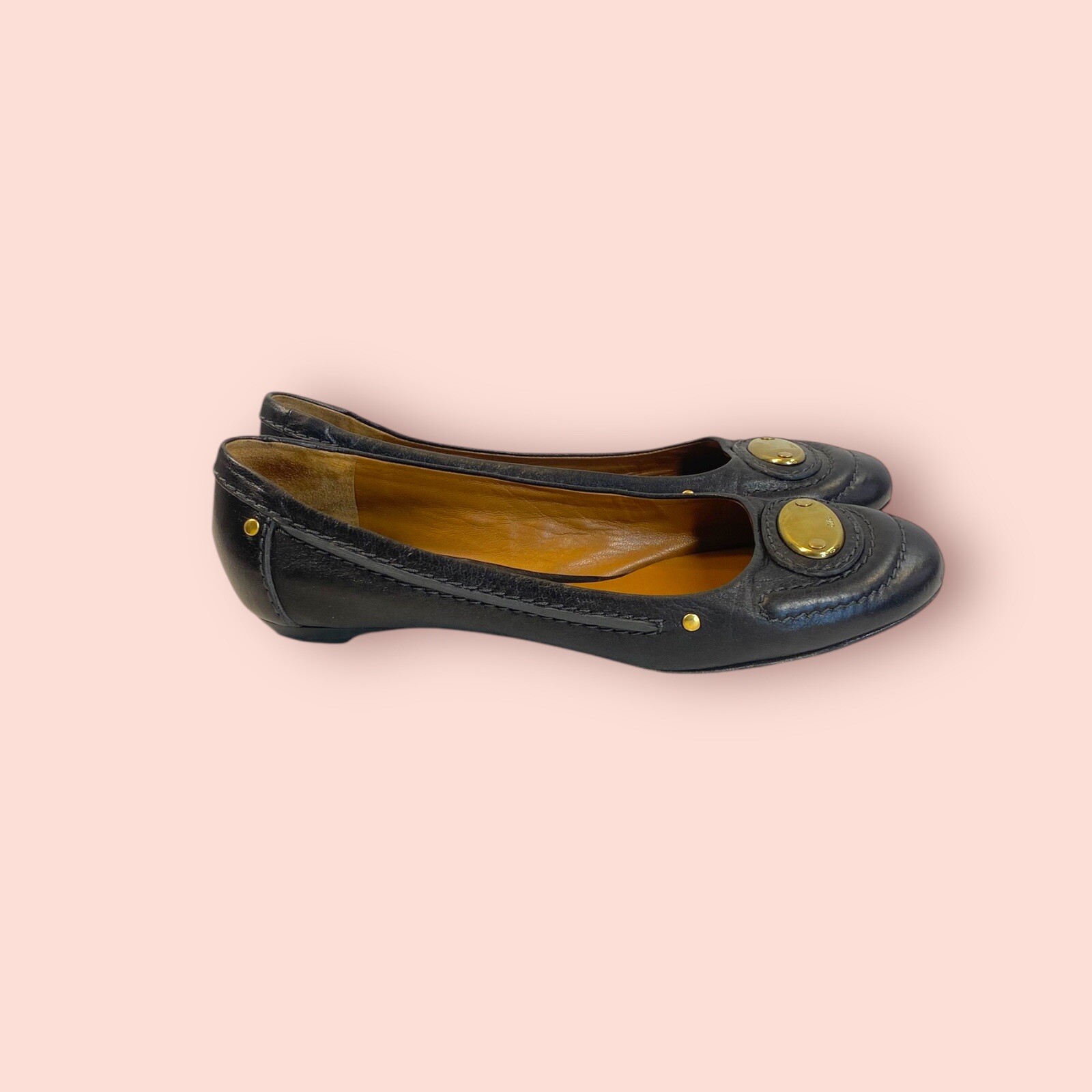 CHLOE Black Luxury Designer Leather Flats Metal Logo Accents Made In Italy 39