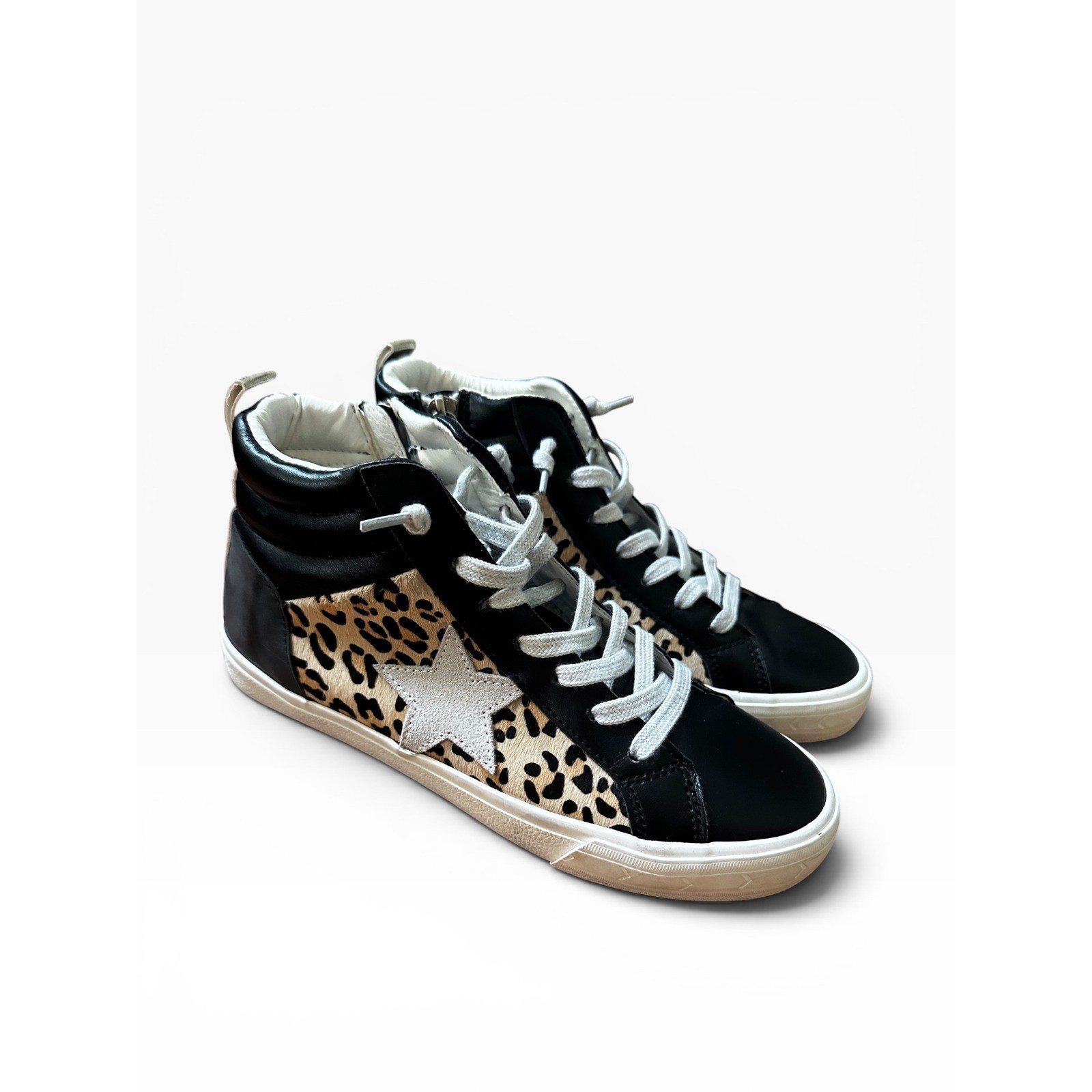 Vintage Havana Womens Leopard Calf Hair Star High Top Sneakers Black Gold Zip