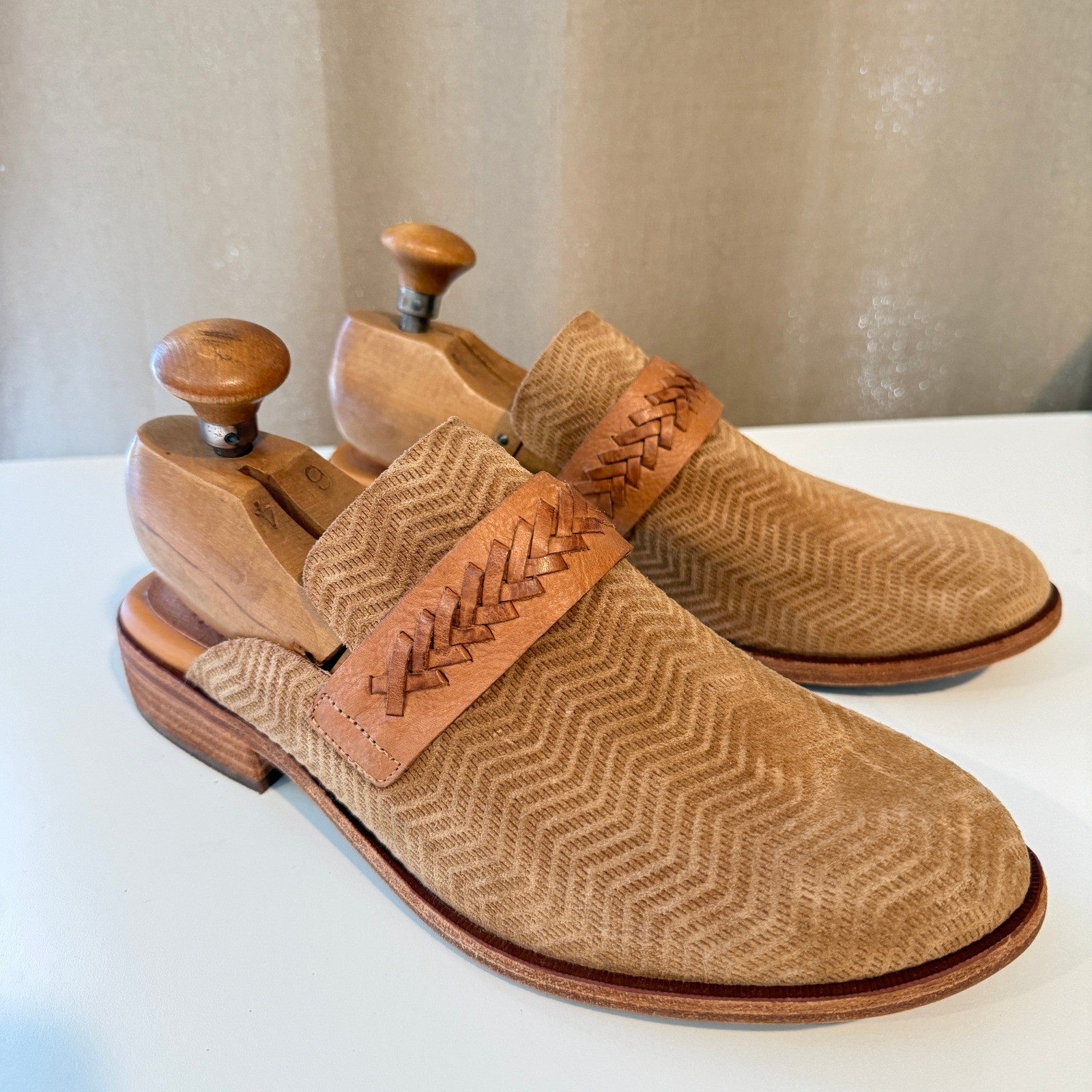 Kork-Ease Tan Suede Chevron Braided Leather Mules Almond Toe Low Stacked Heel