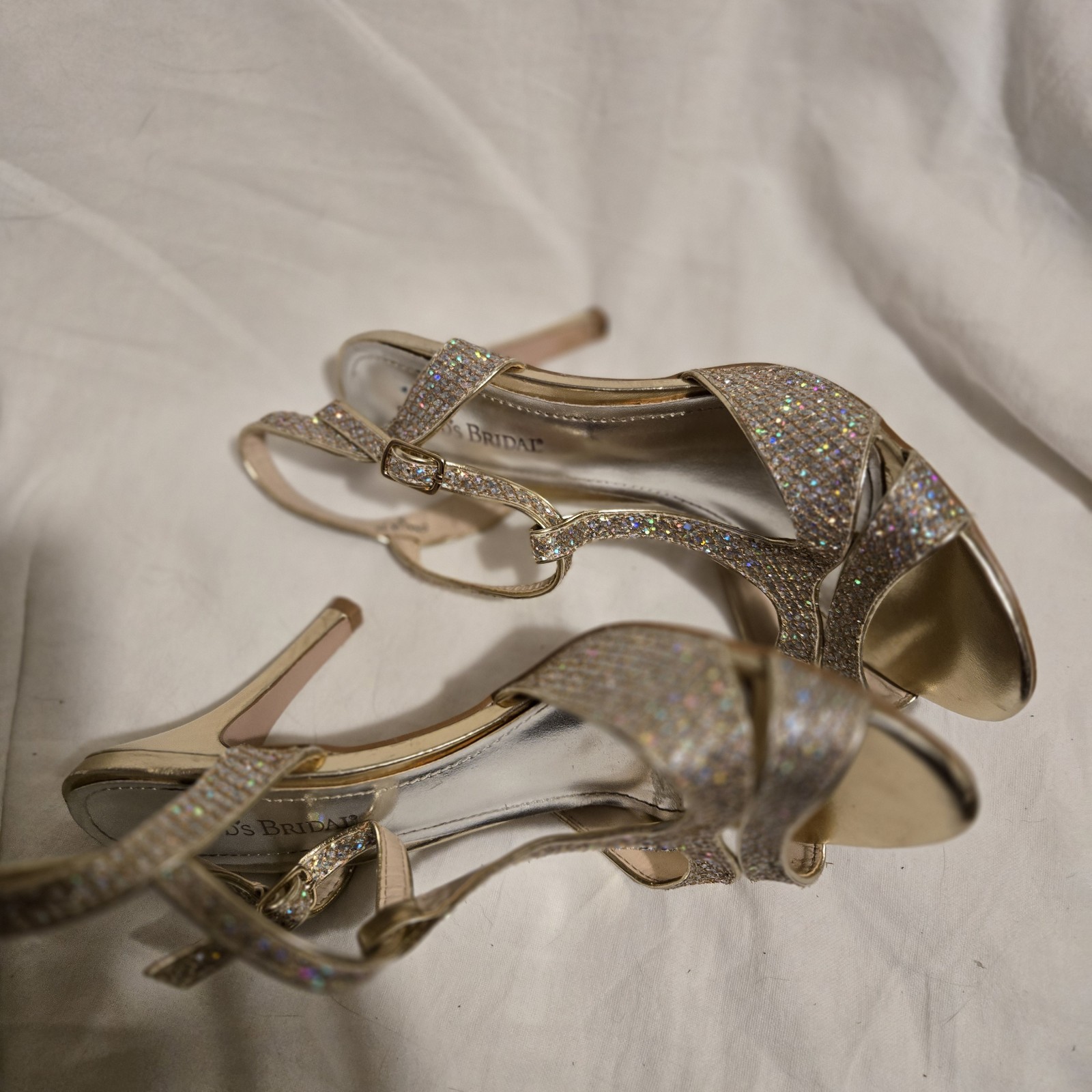 Women size 9 Gold Glitter Strappy Heels David’s Bridal Shoes Wedding Holidays