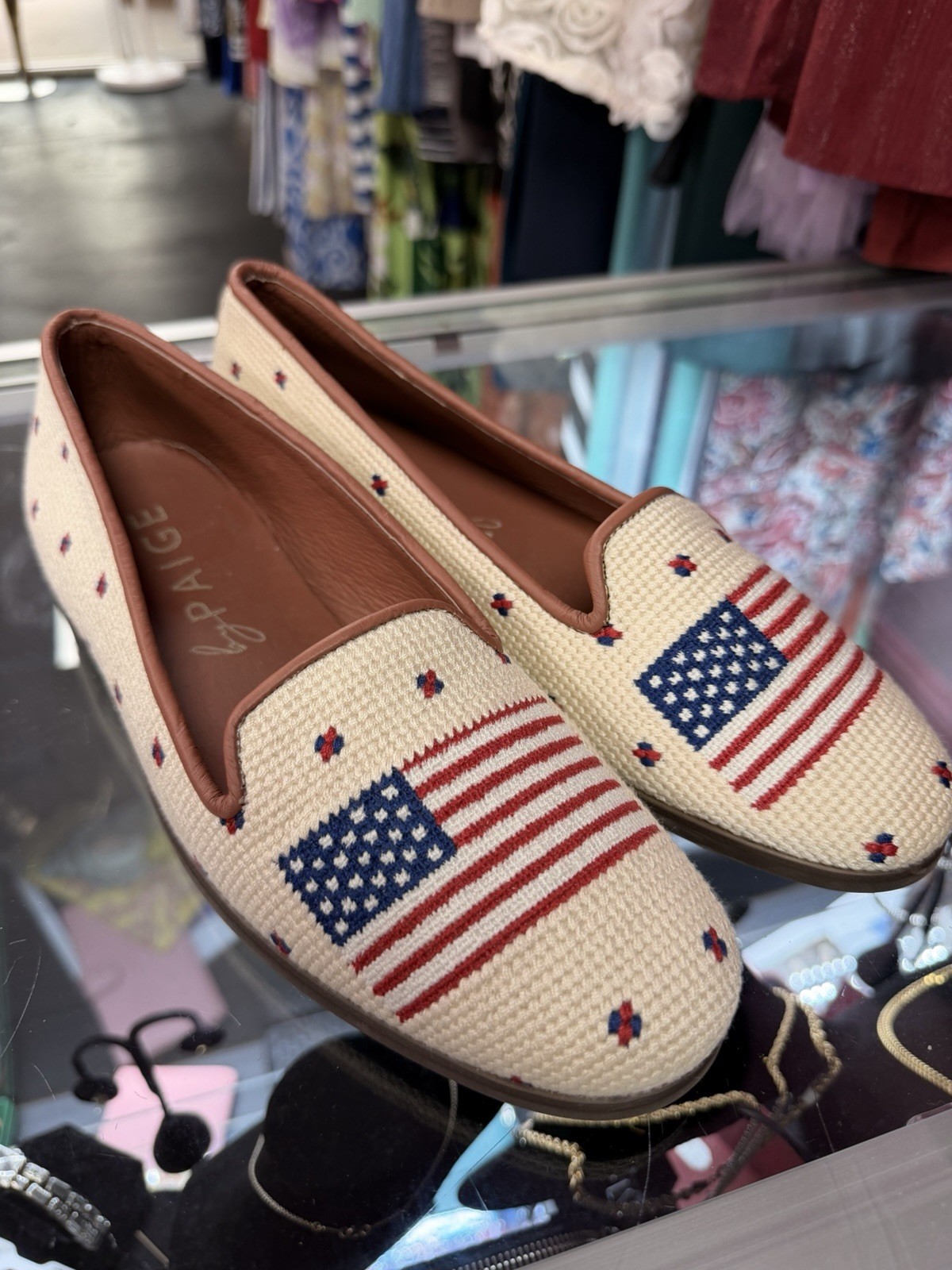 By Paige Needlepoint Loafer American Flag Tan Red White Blue Size 8