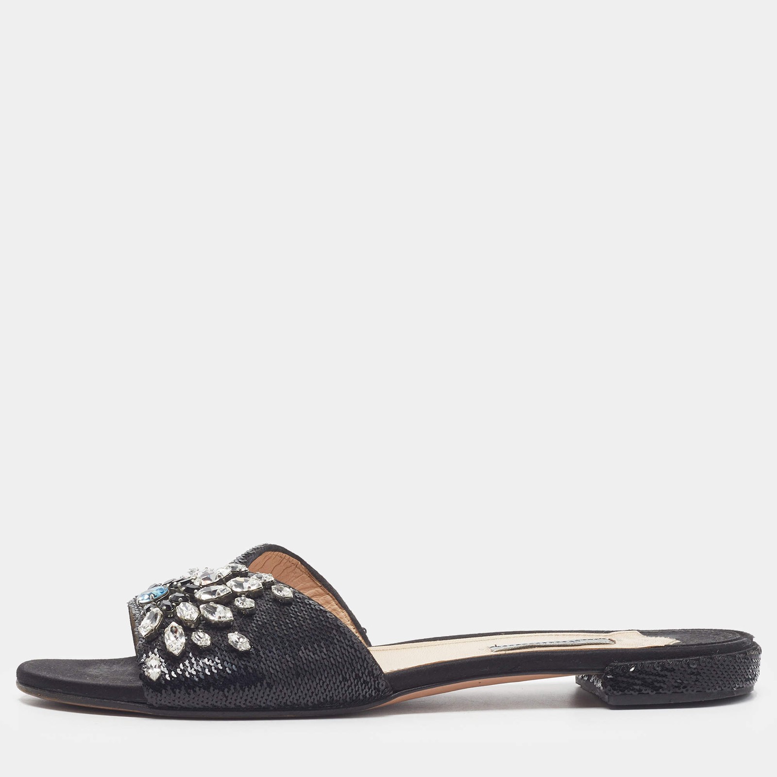 Prada Size 40 Black Sequins Crystal Embellished Flat Slides