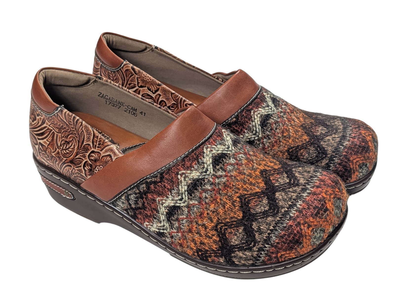 Spring Step L’Artiste Zagabank Clogs Sz 41 Woven Textile Embossed Floral Leather