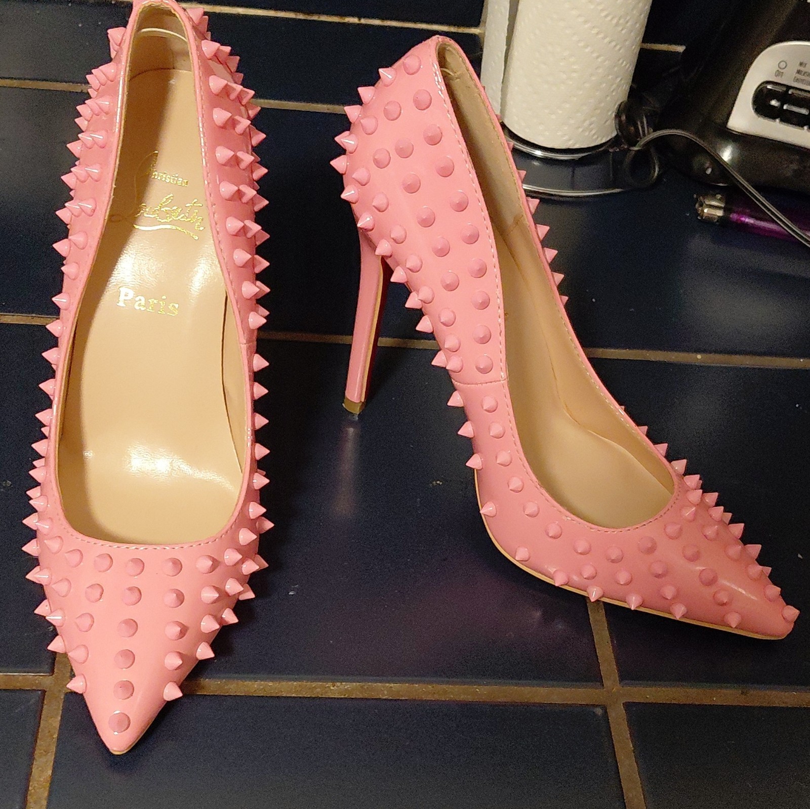 Christian Louboutin Pink Spiked Studded Pointed Toe Leather Stiletto Pumps 40