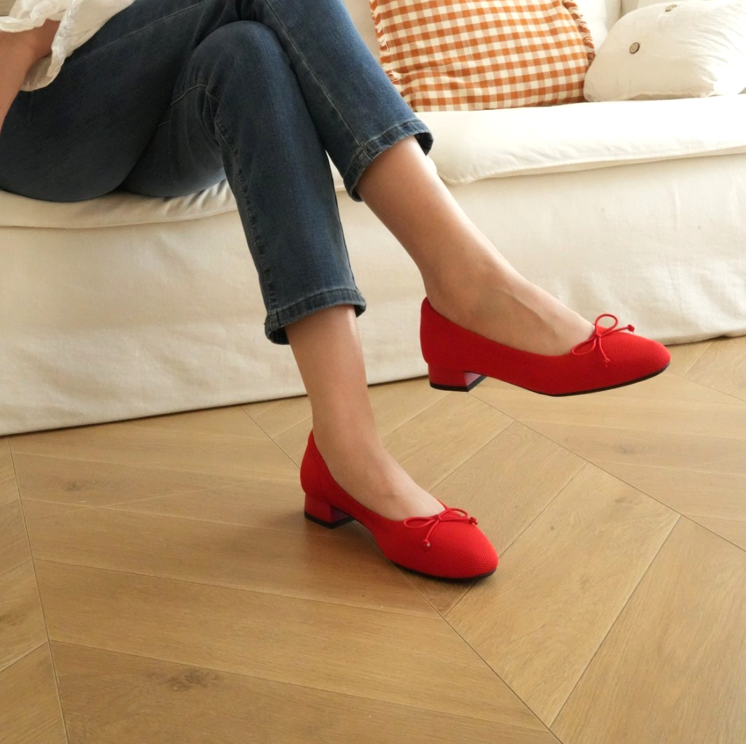 Women Chunky Pumps Low Block Heels Bow Knit Comfortable Office Dress Shoes
