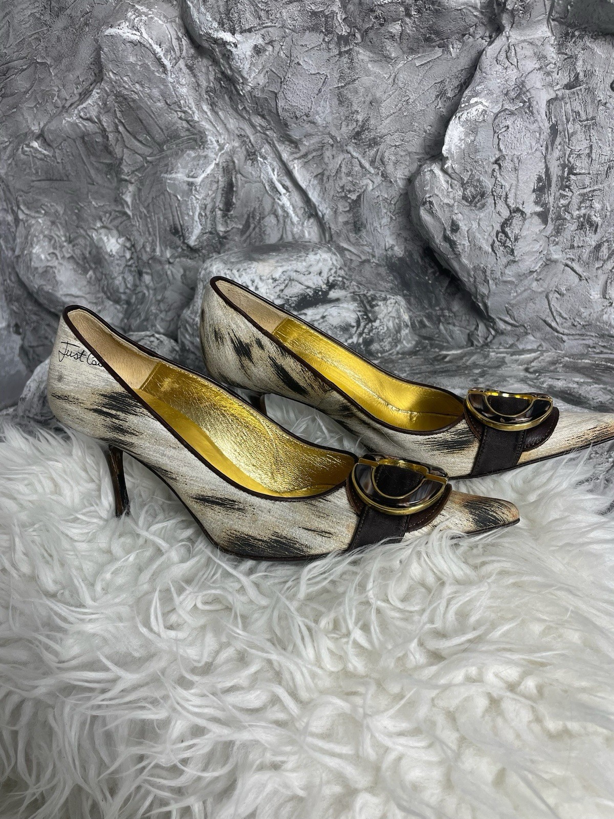Vintage Just Roberto Cavalli 00s Animal Fur Pattern Buckle Archive Heels 38 Y2K