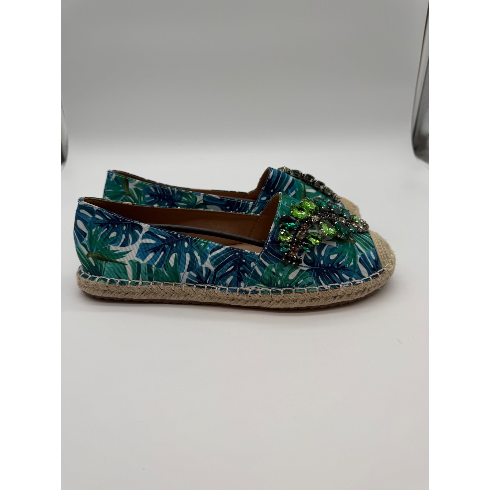 Lauren Lorraine Tropical Palm Print Gemstone Espadrille Flats Green Blue 8.5