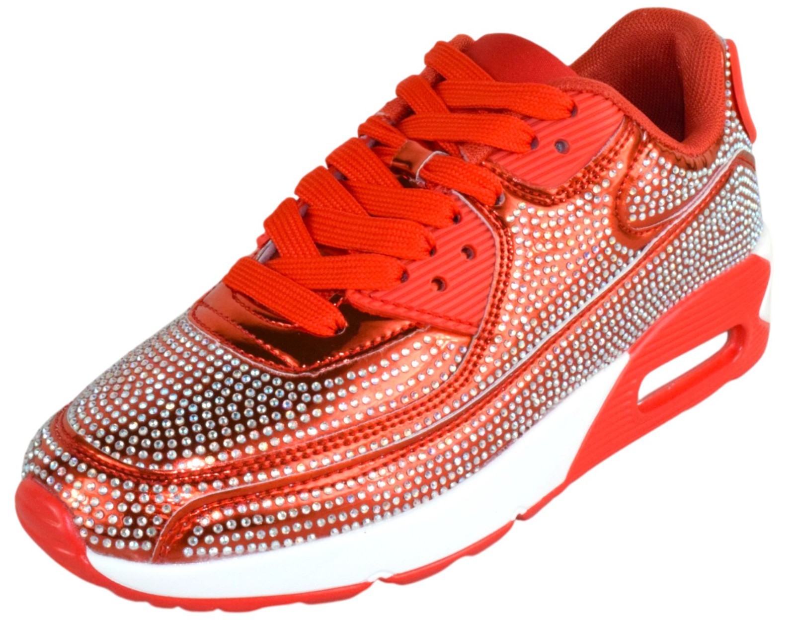 Berness Women Rhinestone Sneakers Colorful Chunky Bling Lace Up QUEEN Hot Red