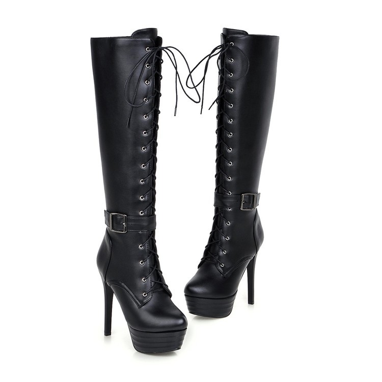 Women’s platform stilettos heel Lace-Up Stiletto Knee High Boots Buckle shoes