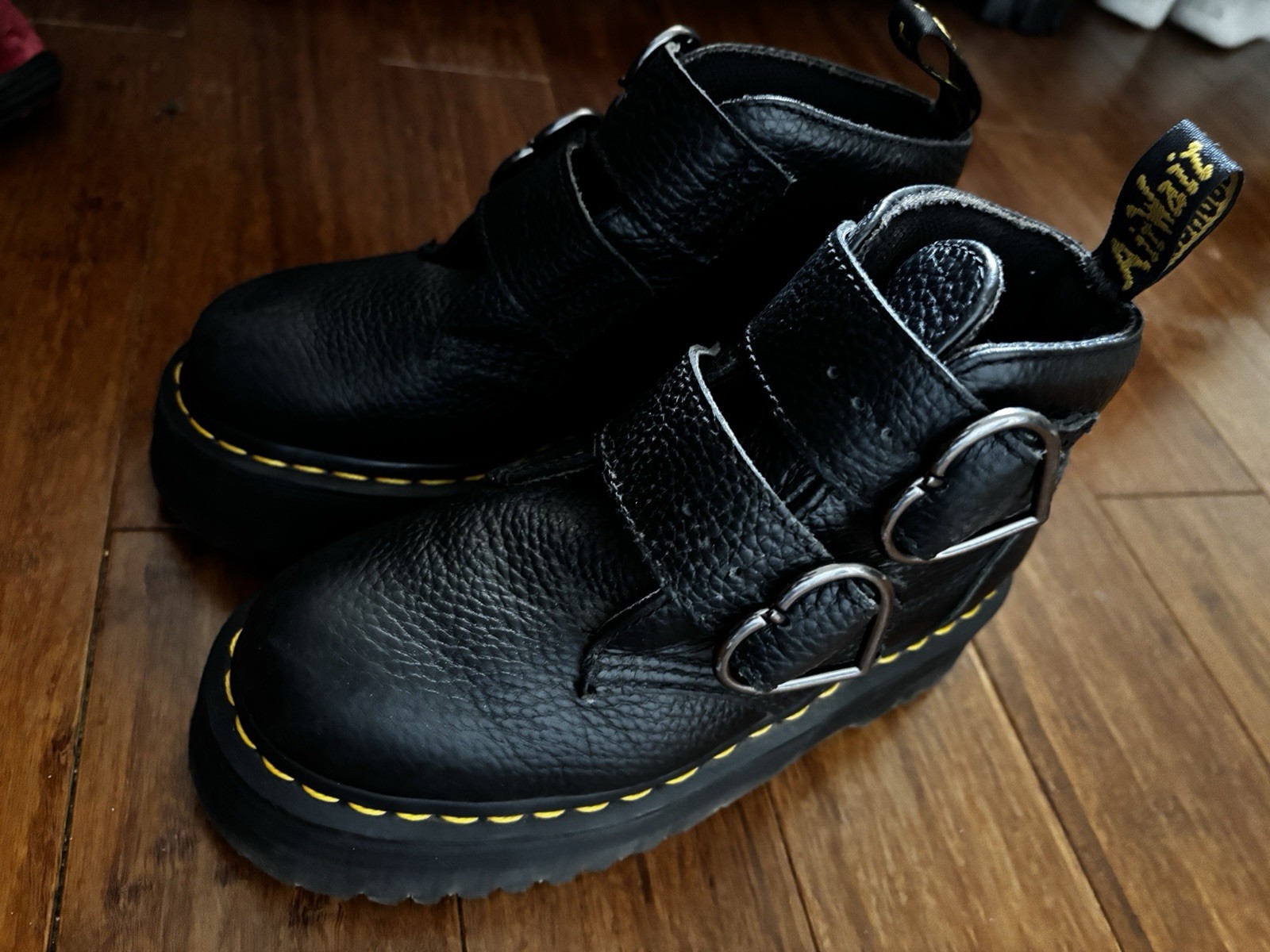 Dr. Doc Martens Women’s Devon Flower Buckle Black Leather Platform Boots Size 5