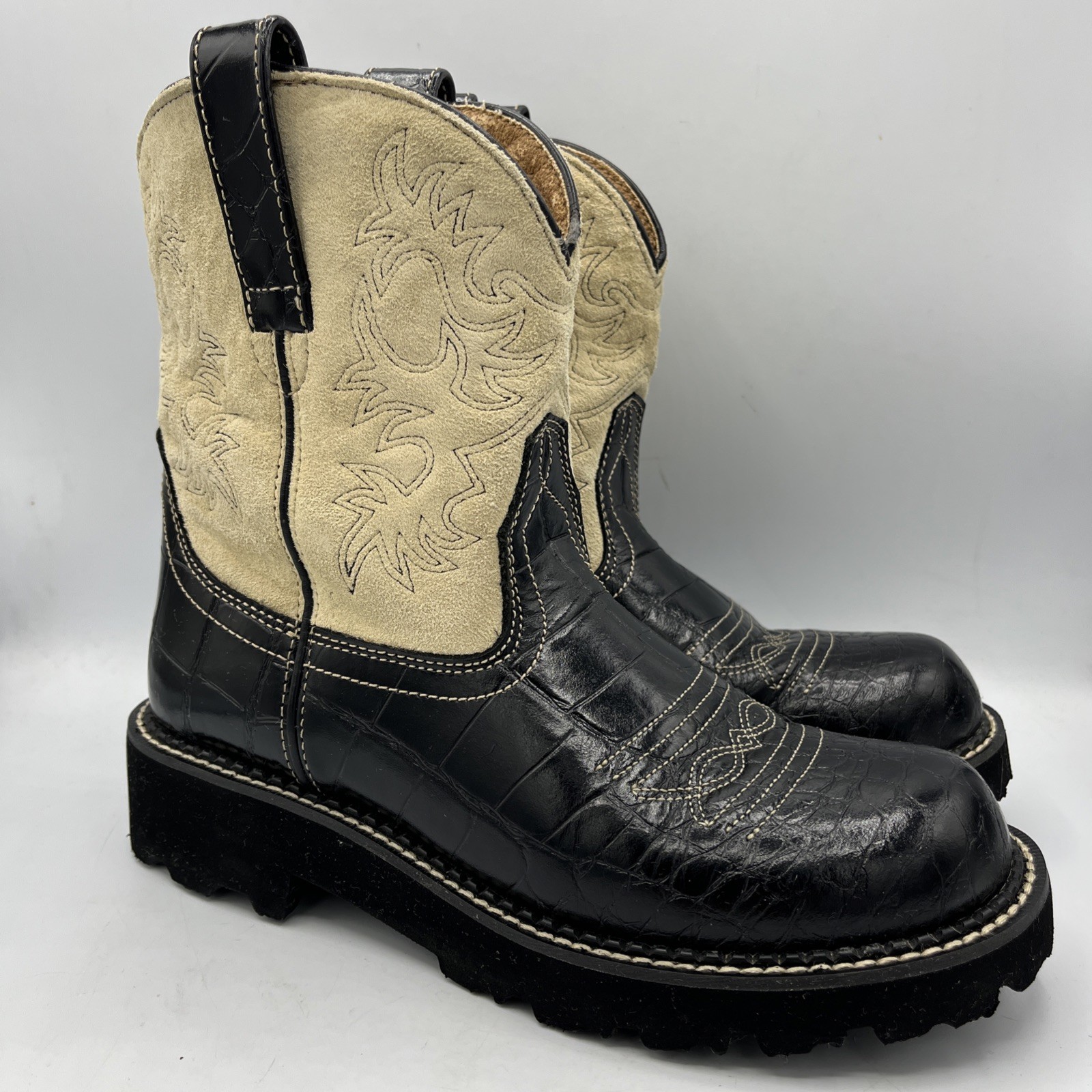 Ariat Fat Baby Black Tan Crocodile Print Western Cowgirl Boots Women’s 9 B