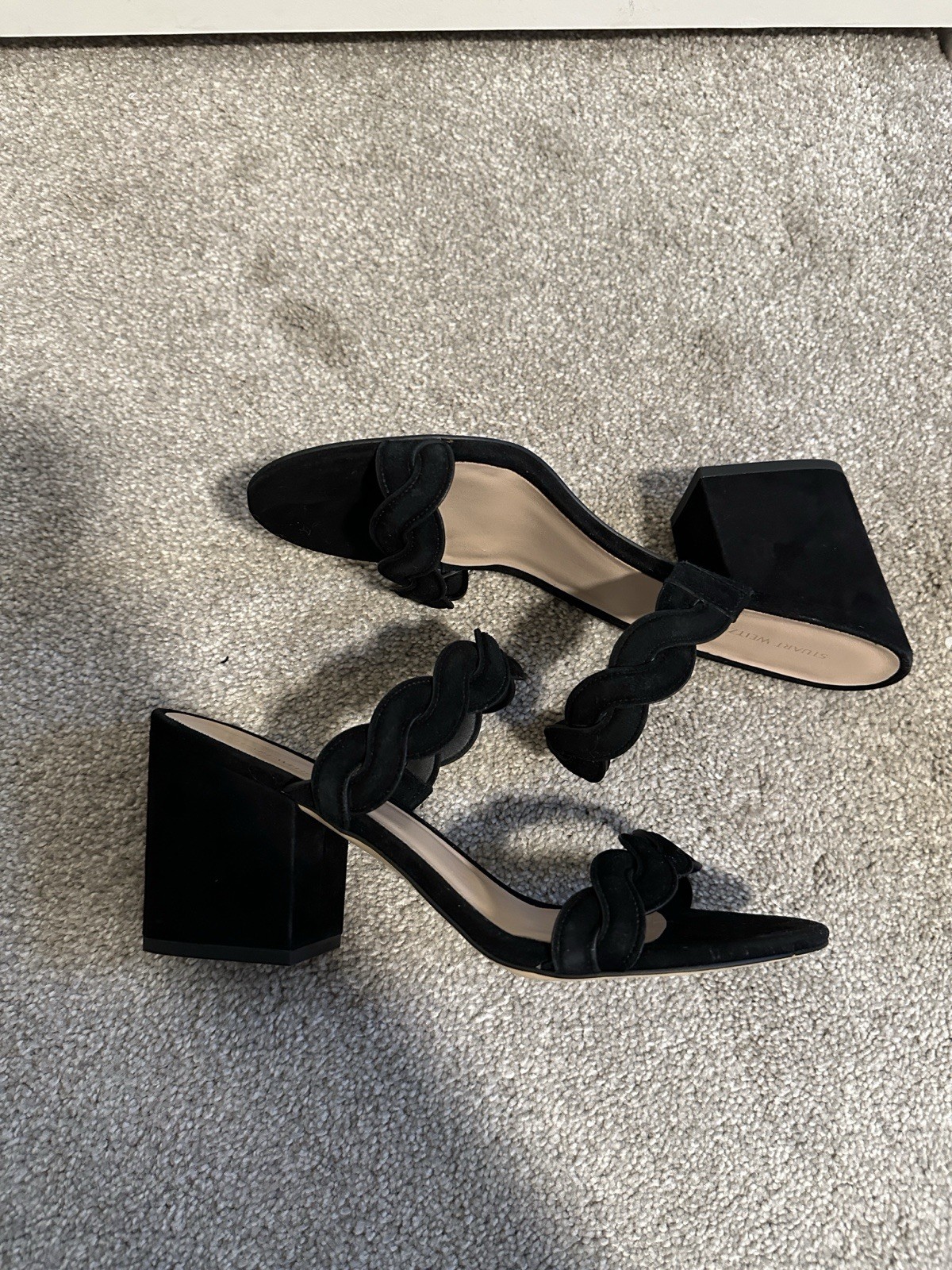 EUC Stuart Weitzman Twistie Block Heel Sandal in Black Suede size EU39.5/US9