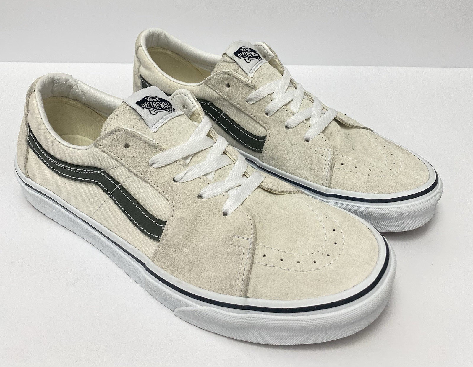 VANS M 11 Sk8-Low Cream Suede Dark Green Stripe Skate Shoes Rare Very Good!!