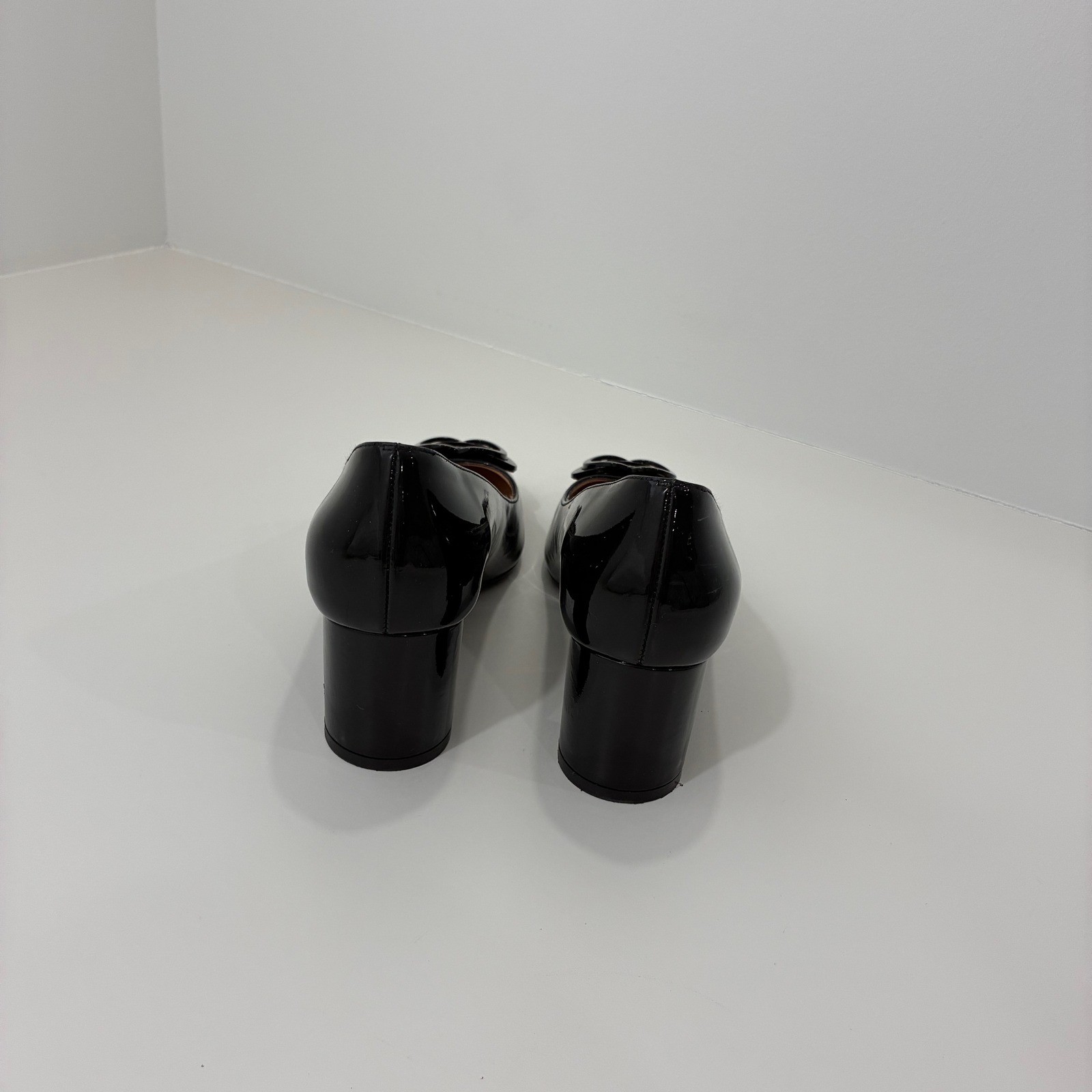 Stuart Weitzman Black Patent Leather Block Heel Square Toe Buckle Pumps 7.5B