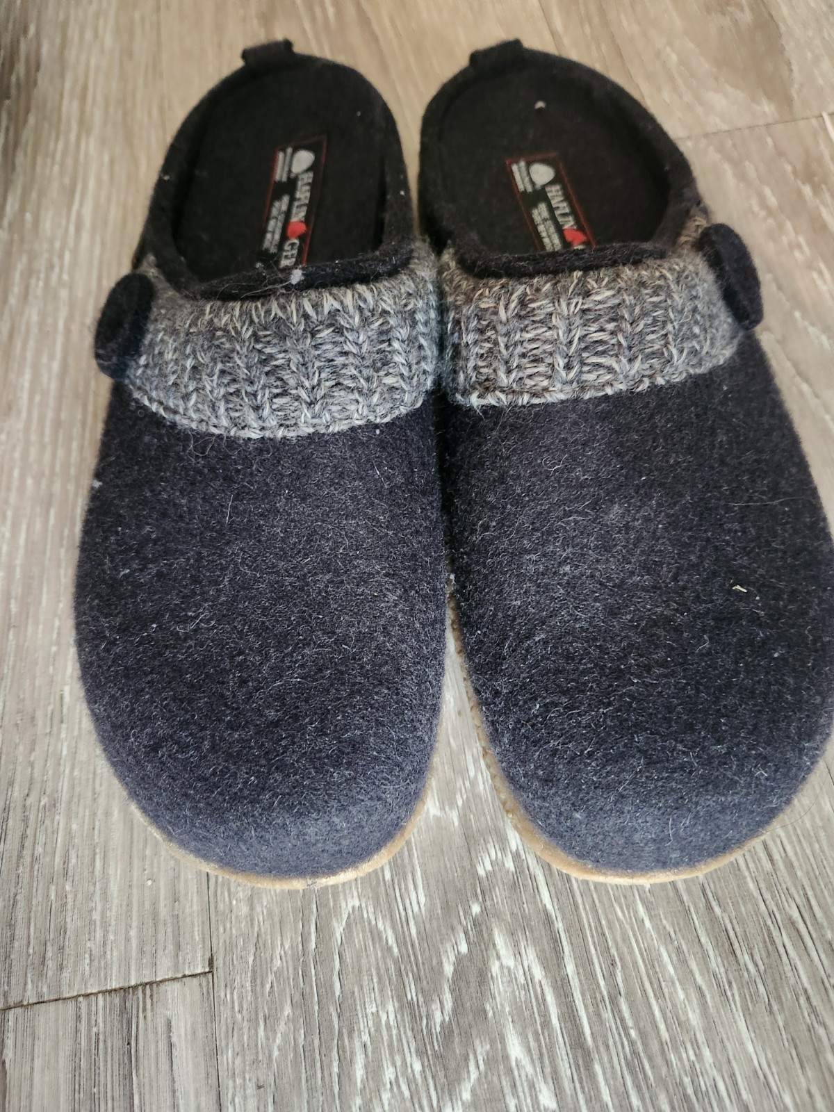 Haflinger 41, wool slipper, dark gray w light gray detail, rubber sole