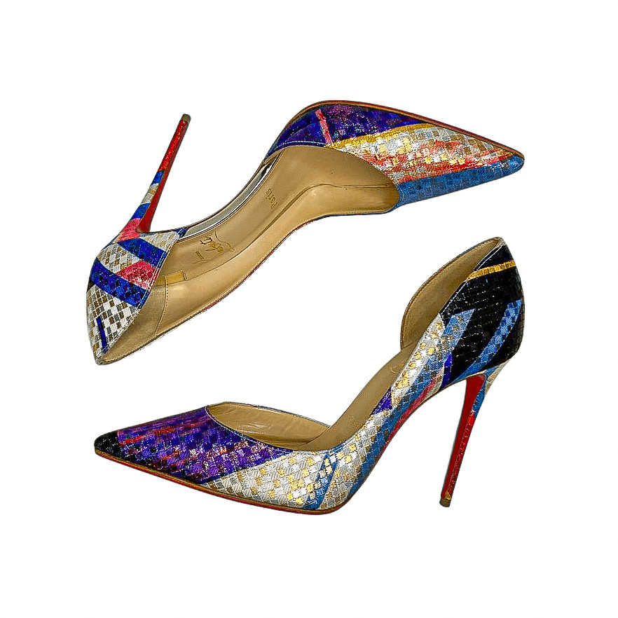 Christian Louboutin Iriza 100 Lurex Modernist Multi Gold Pumps 4.25 Heel EU 39