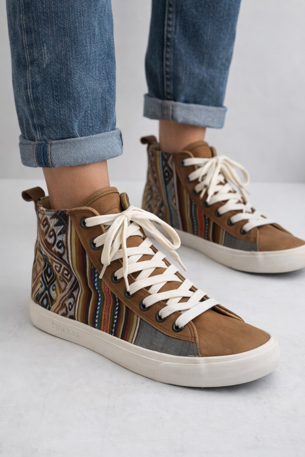 Inkkas High Top Sneakers Womens 7 EU 38 Brown Tribal Textile Shoes Lace Up