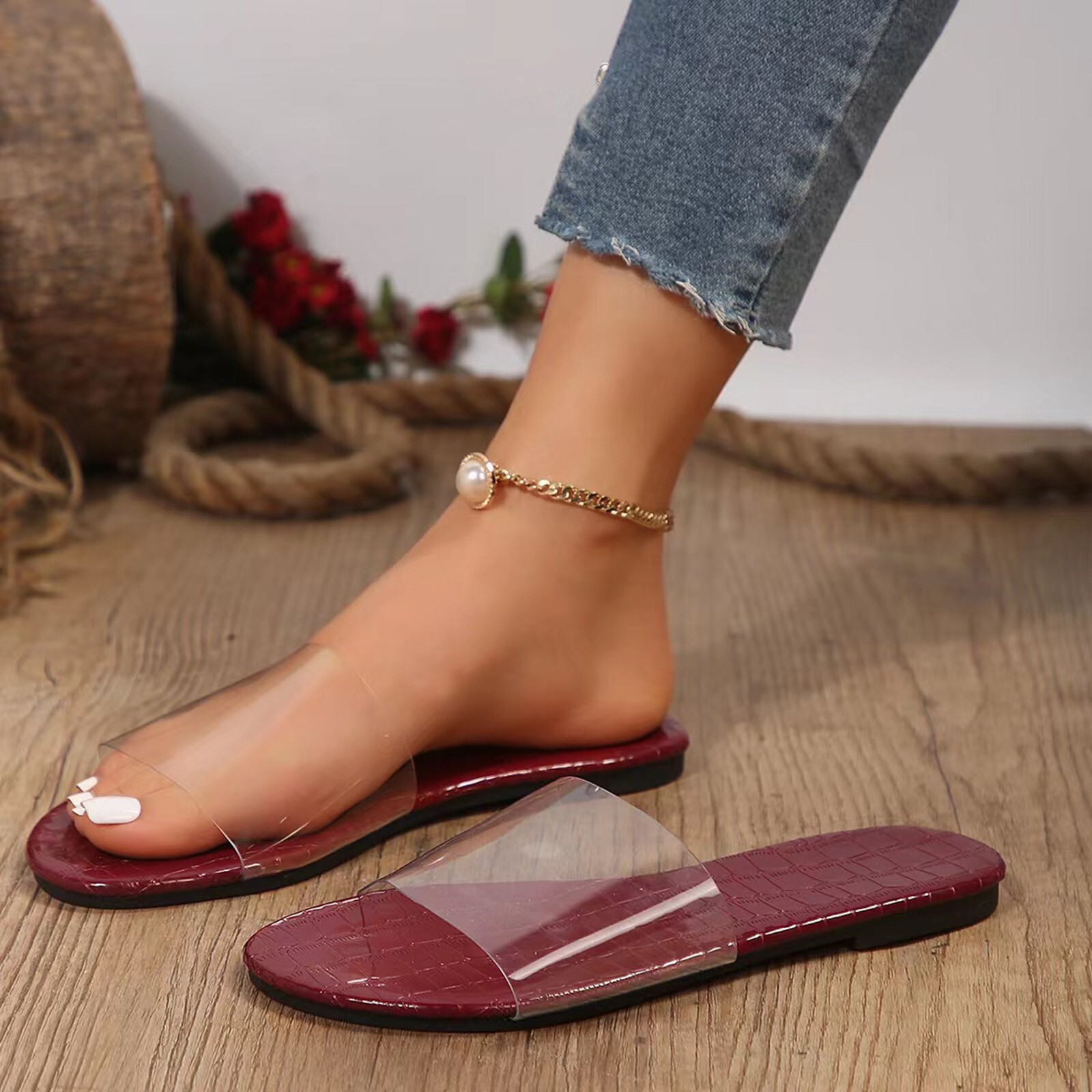Women Sandals Slip On Summer Open Toe Clear Pvc Slippers Slip On Comfy Slides