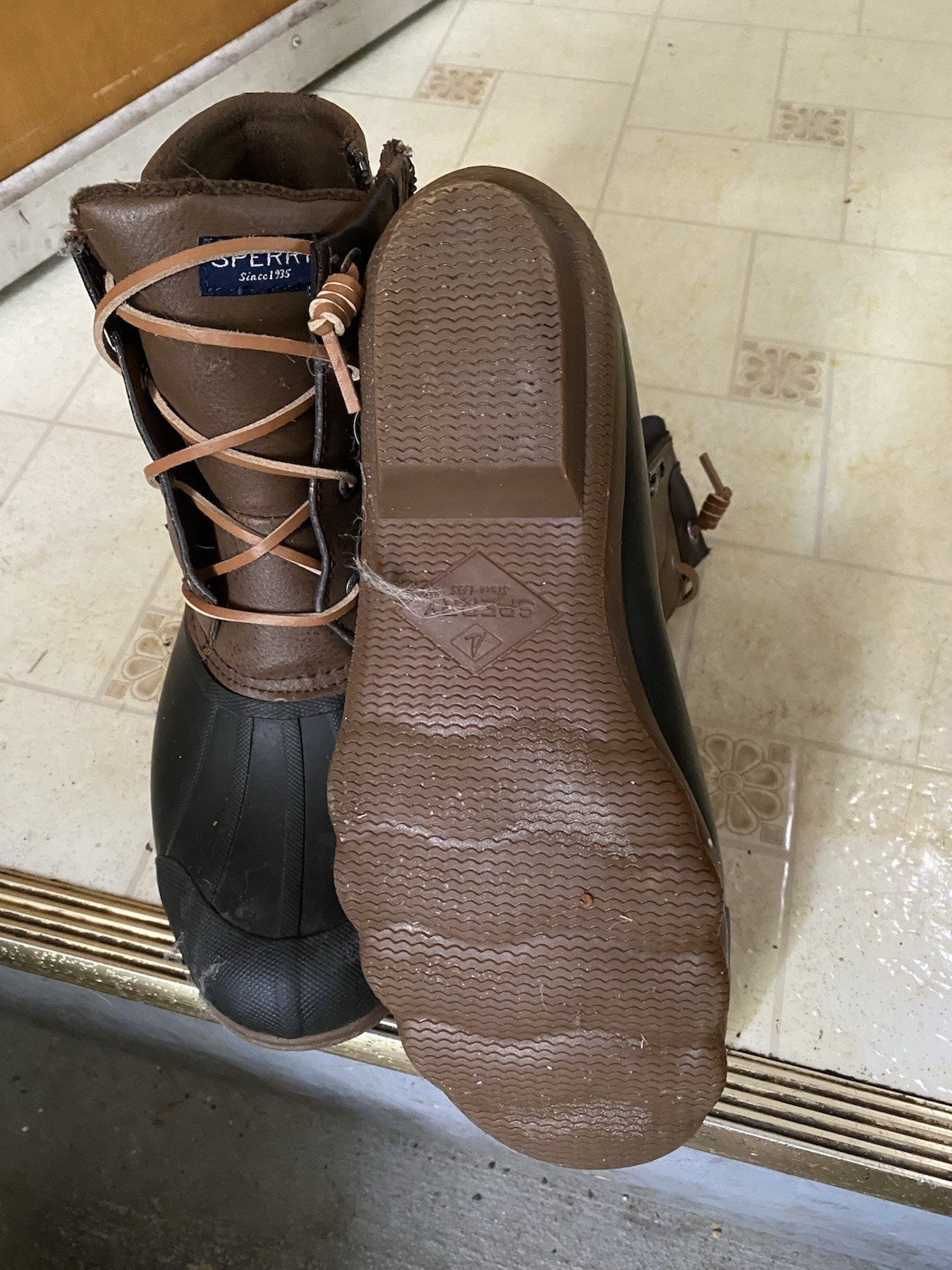 Sperry Womens Waterproof Duck Boots Brown/Black Leather Lace-Up Ankle US 9.5