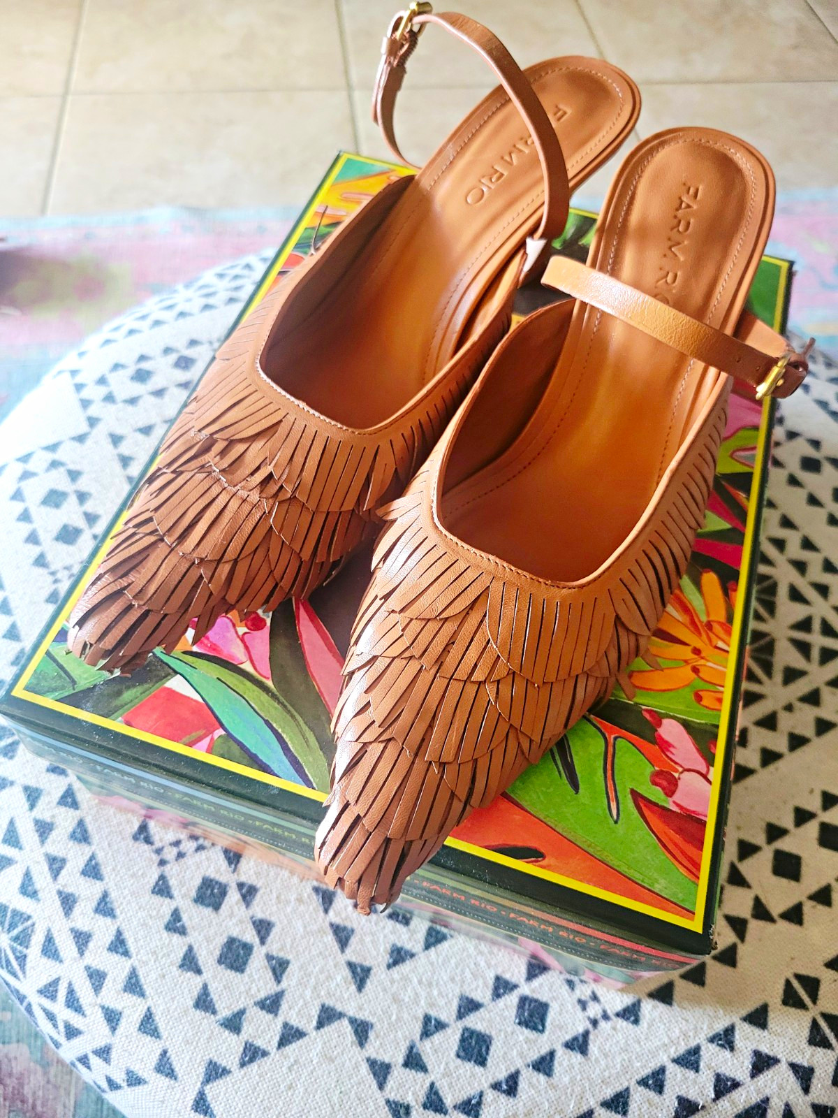 FARM RIO Women’s Brown Leather Slingback Pointed Toe Fringe Block Heels 8