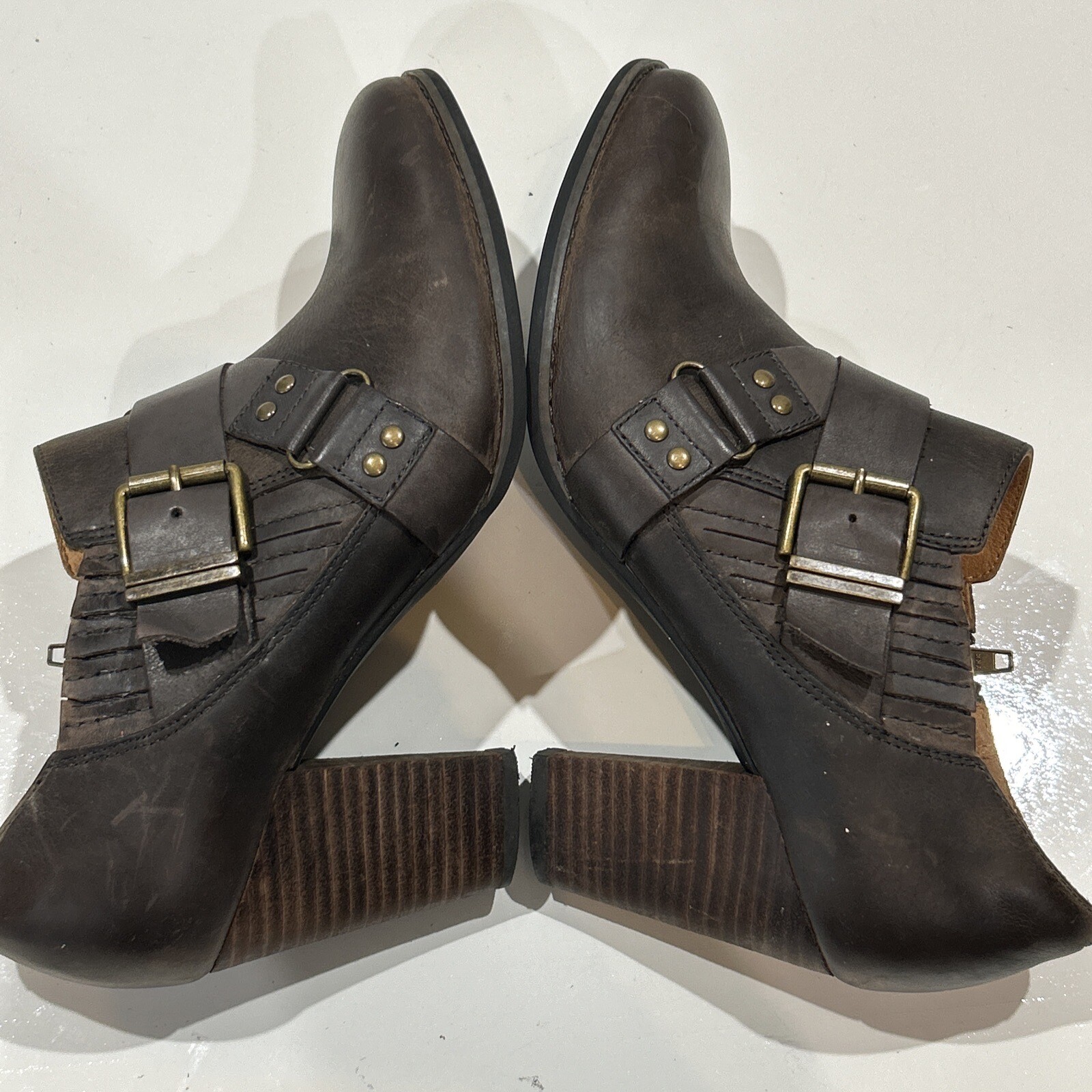Clarks Indigo Brownish Gray Leather Moto Booties Heeled Ankle Boots Zip Women 9