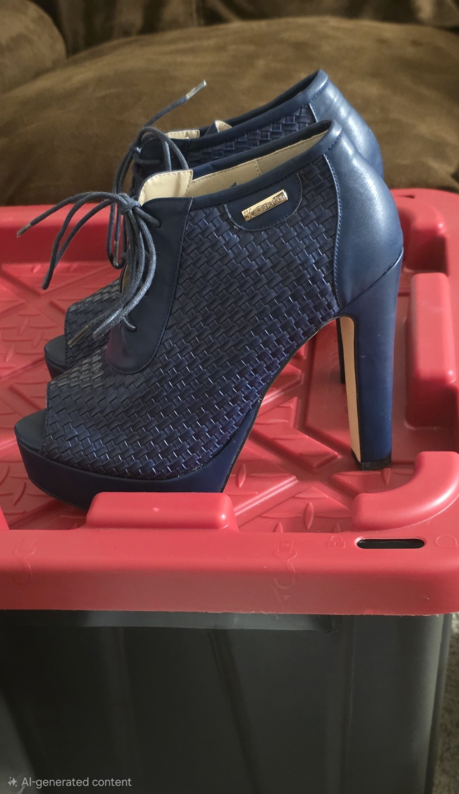 Women’s Blue Woven Leather Lace-Up Platform Peep Toe Oxford Stiletto Heels 10