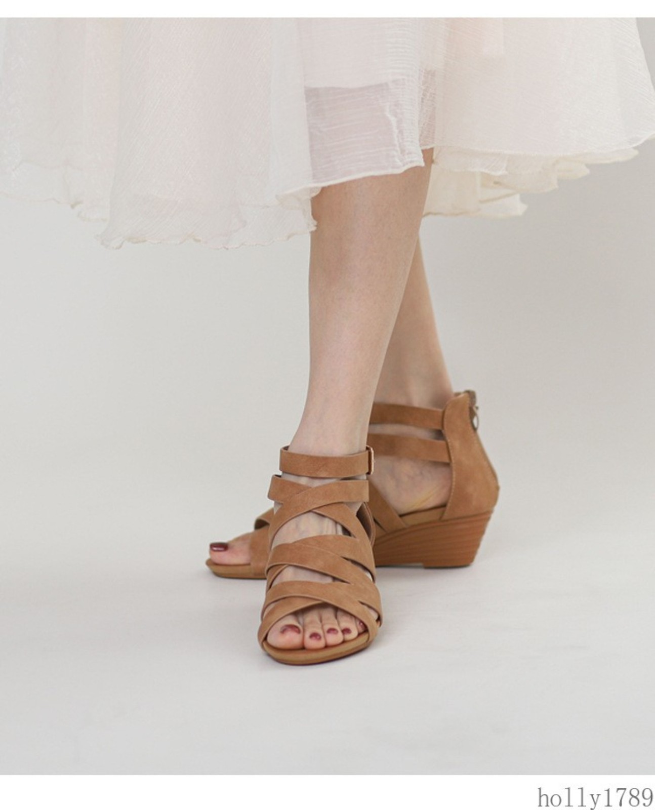 Women Crisscross Multi Strap Adjustable Buckle Zip Open Toe Wedge Heel Sandals