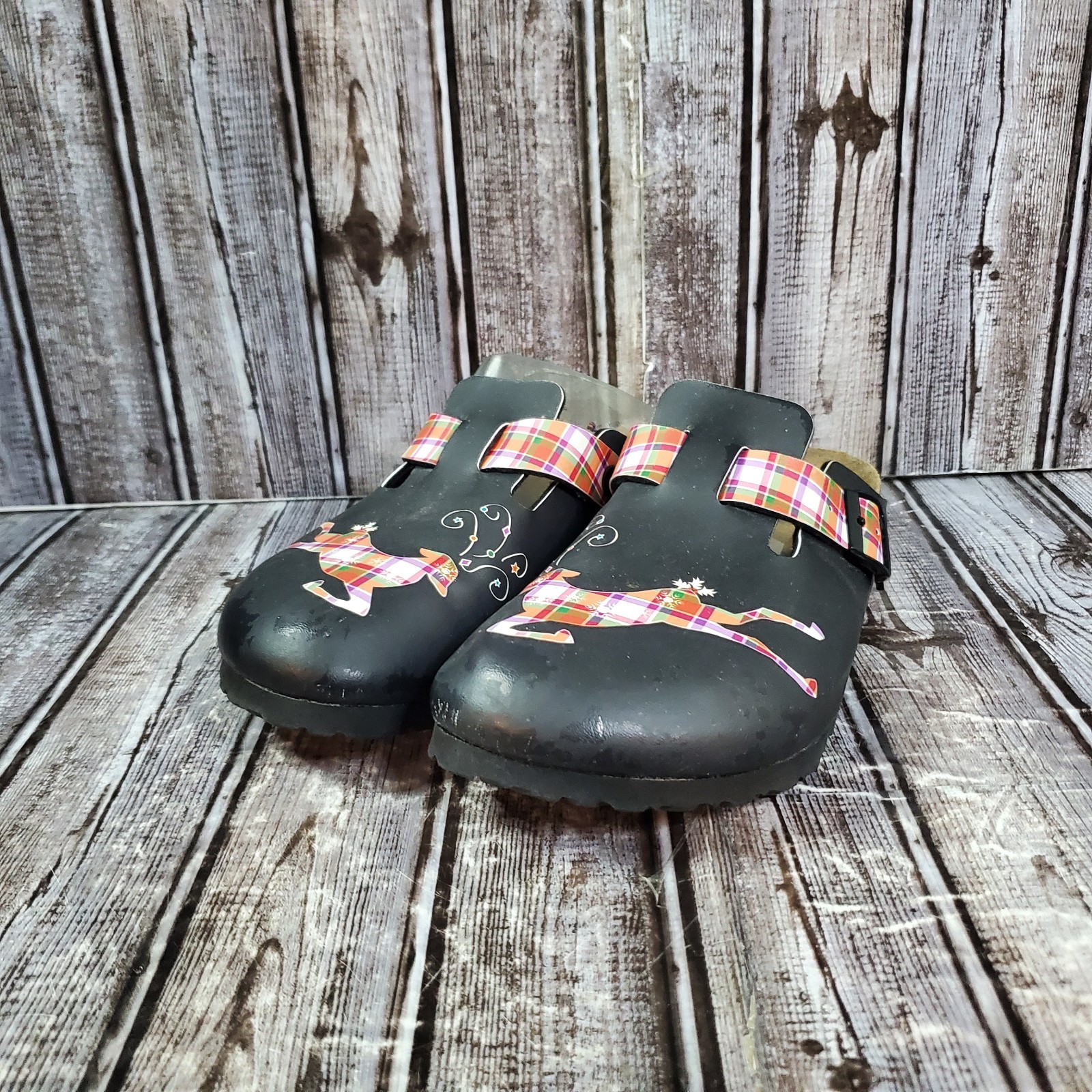 Birkenstock Birki’s Unisex Woodby Black Plaid Reindeer Graphic Clog Size 39 W8