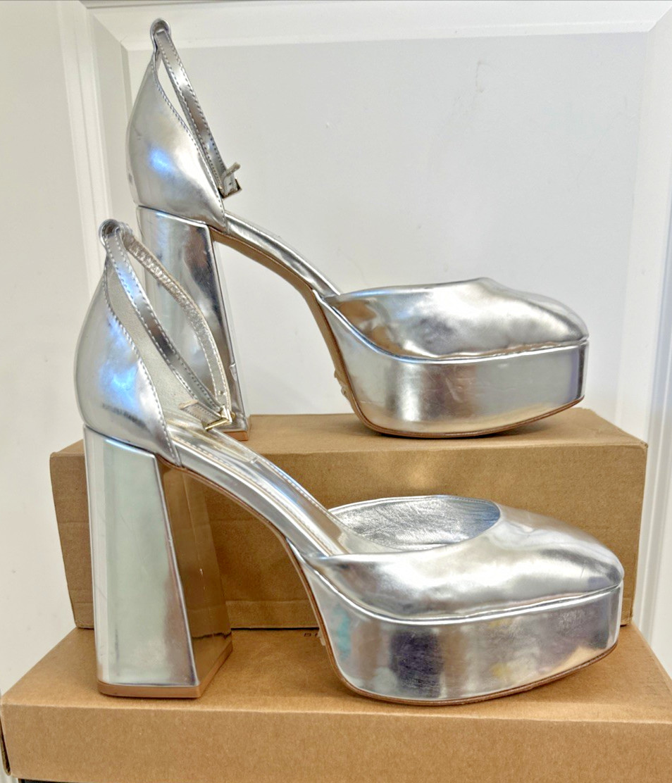 Larroudé Women Size 9.5 Ari Pump Platform Mary Jane Heels Silver Specchio Mirror