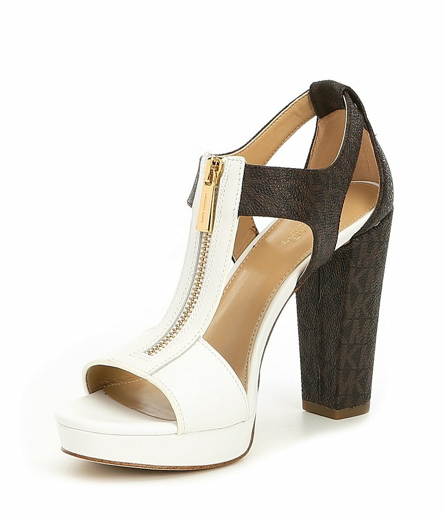 Michael KORS BERKLEY WHITE BROWN T STRAP MK PRINT GOLD LOGO ZIPPER I LOVE SHOES
