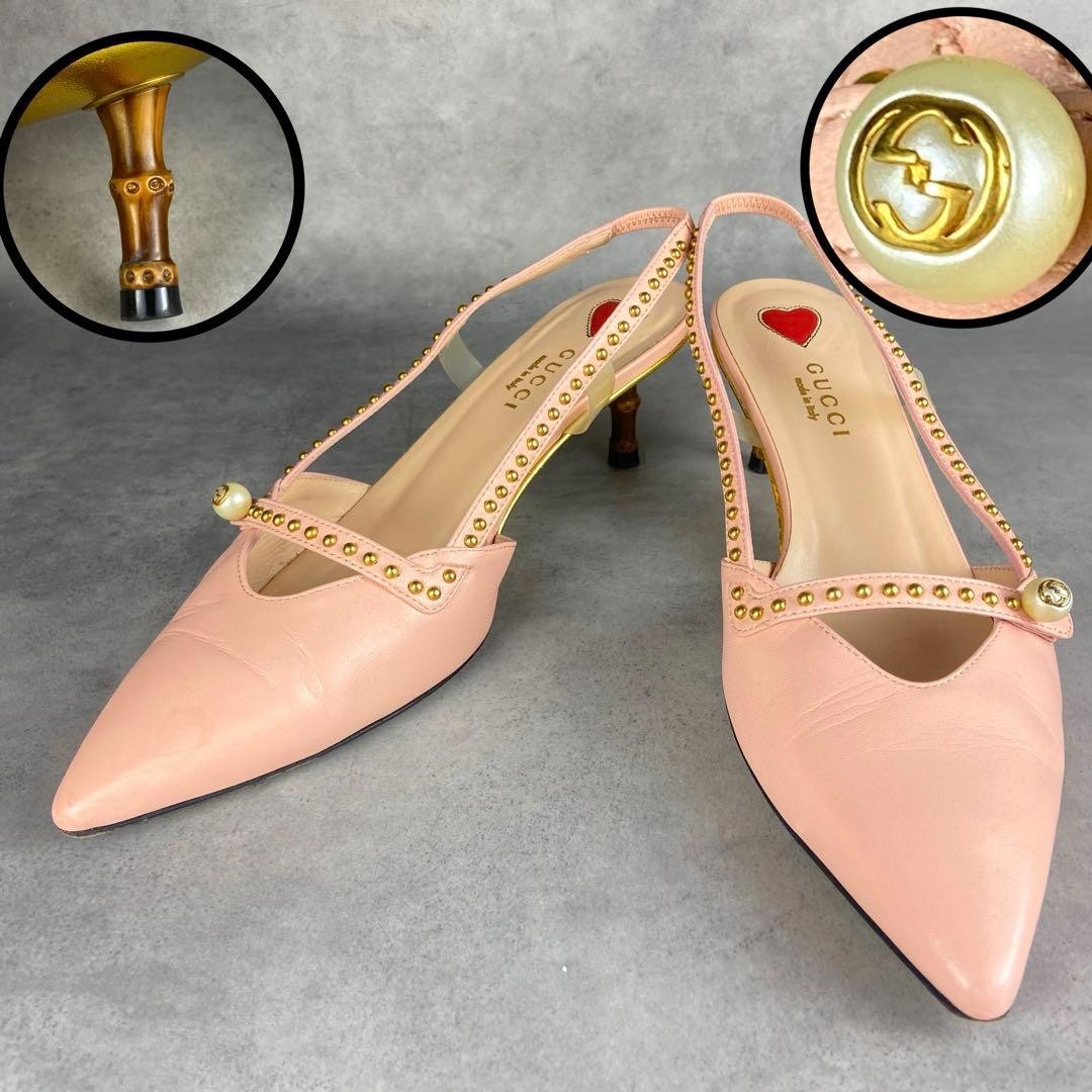 GUCCI Bamboo Slingback Pumps 23cm Baby Pink Leather High Heels