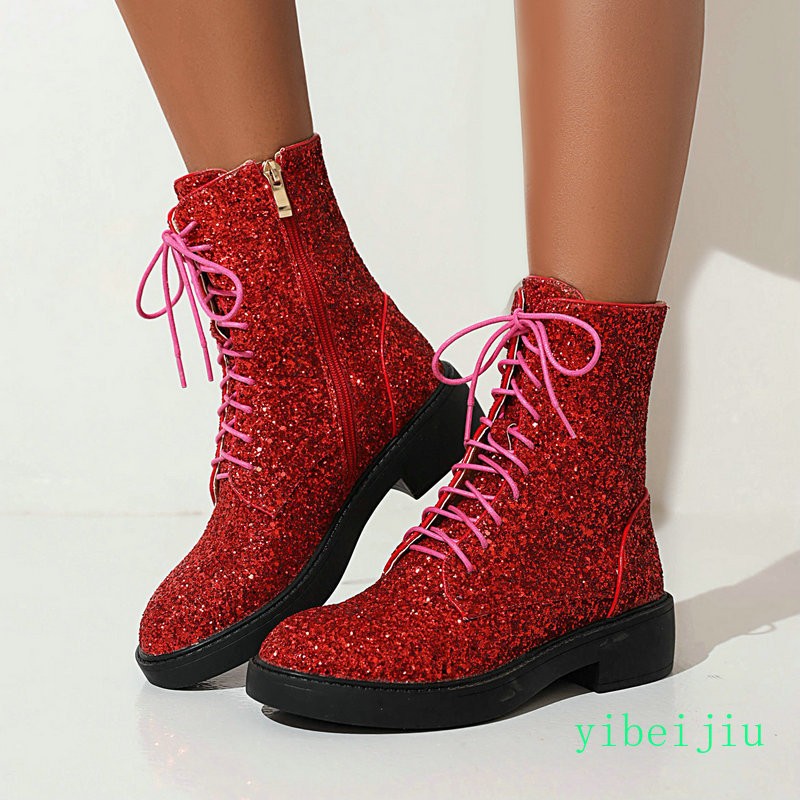 Women’s Glitter Sequins Ankle Boots Lace Up Performance Cosplay Shoes Plus Size