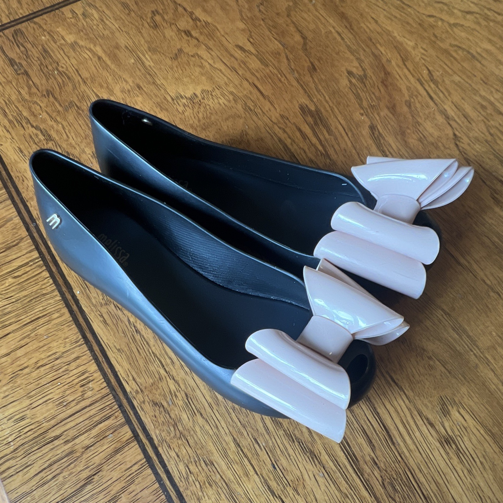 Melissa Ultragirl Classy Black Jelly Flats Pink Bow Peep Toe Shoes Size 5, 35EUR