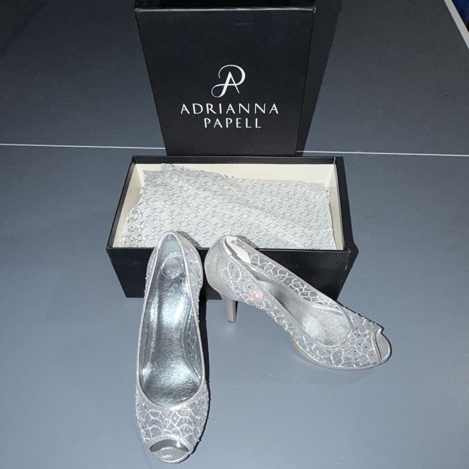 Adrianna Papell Silver Beaded Sequin Mesh Floral Peep Toe Stiletto Pumps
