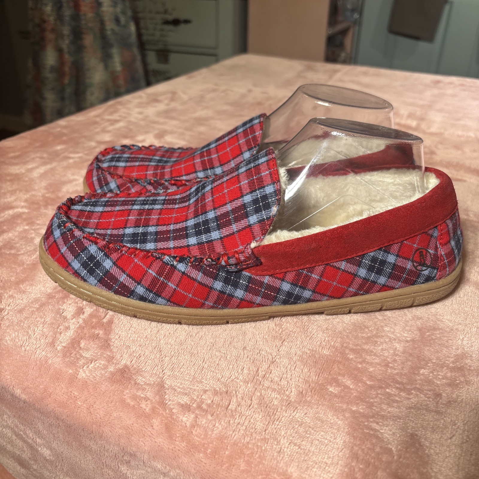 Lands’ End Women’s Red Blue Tartan Plaid Flannel Moccasin Faux Shearling Sz 9