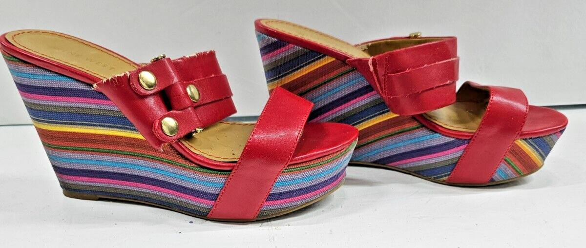 Nine West Womens Wedge Sandals Size 8.5 Red Multicolor Platform Heels