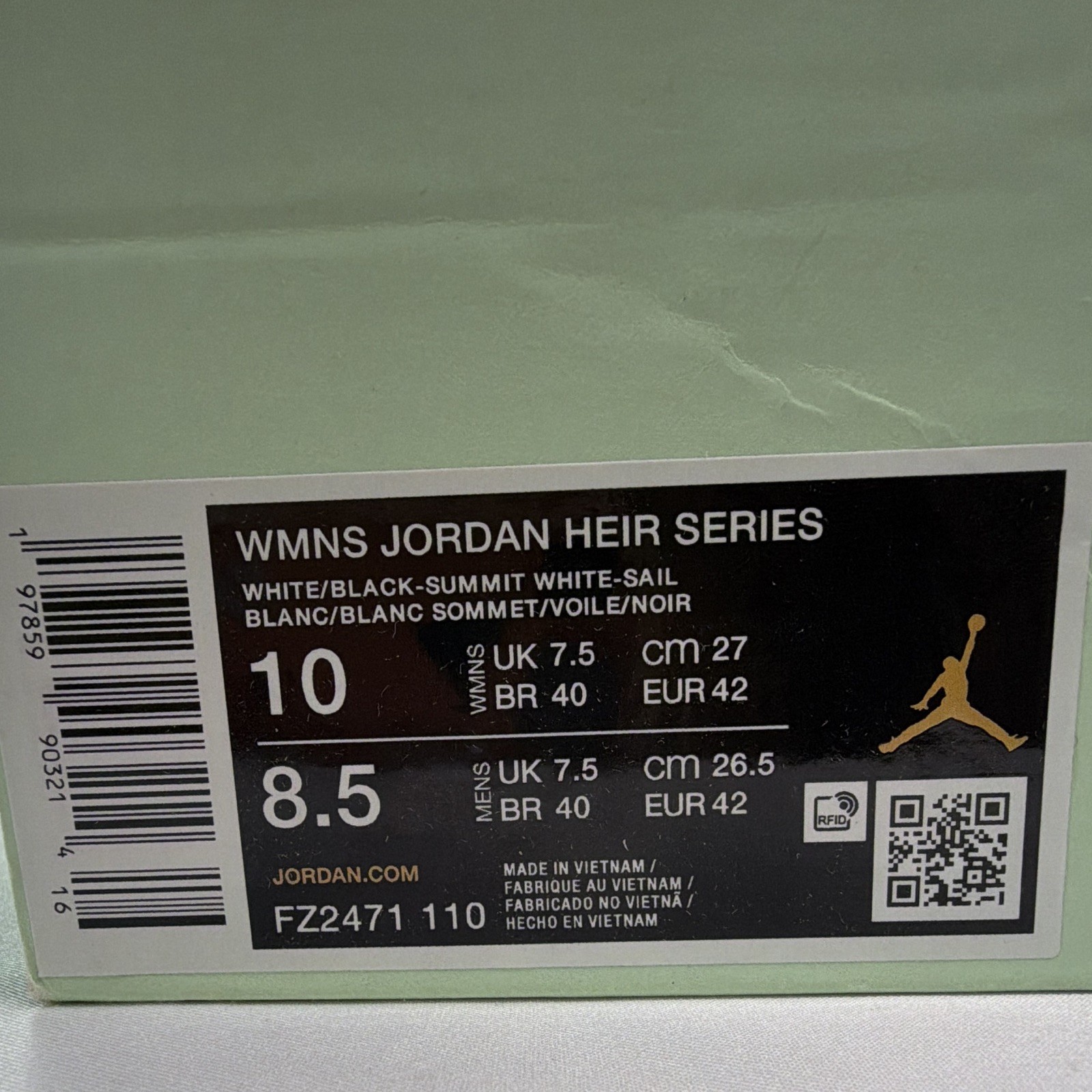 Jordan Jordan Heir W Women’s Low Top White/Black 10W/8.5M Original Box No Top