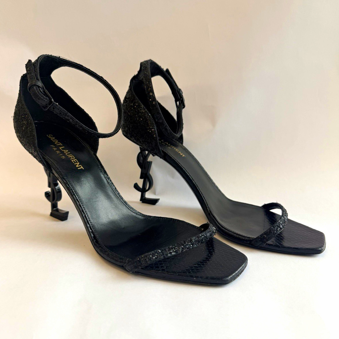 Saint Laurent Opyum Ankle Strap Sandals with YSL Monogram Heel in Black Glitter