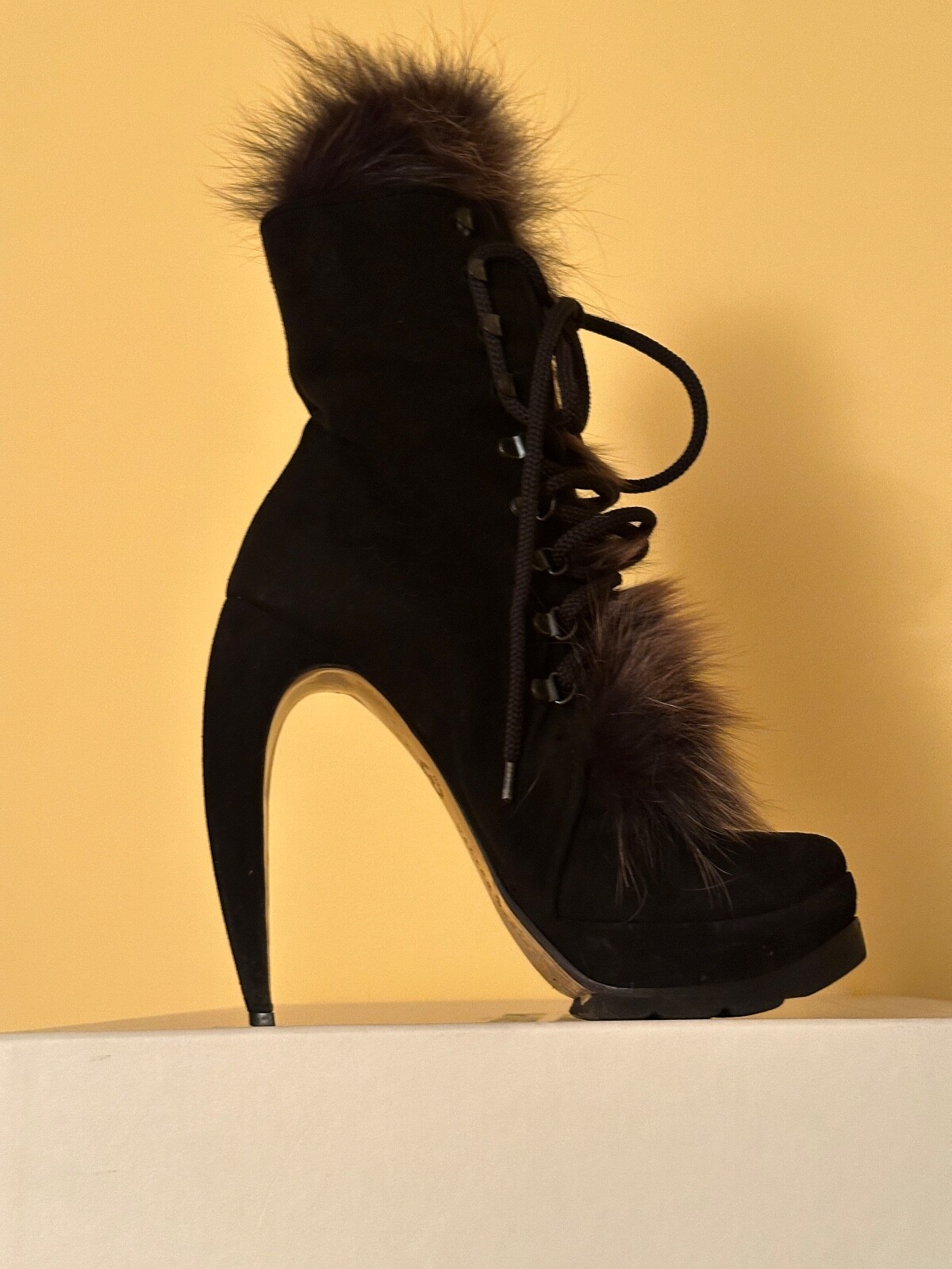 Walter Steiger Platf Black Suede With Real Fox Fur Tongue High Ank Boots size 40