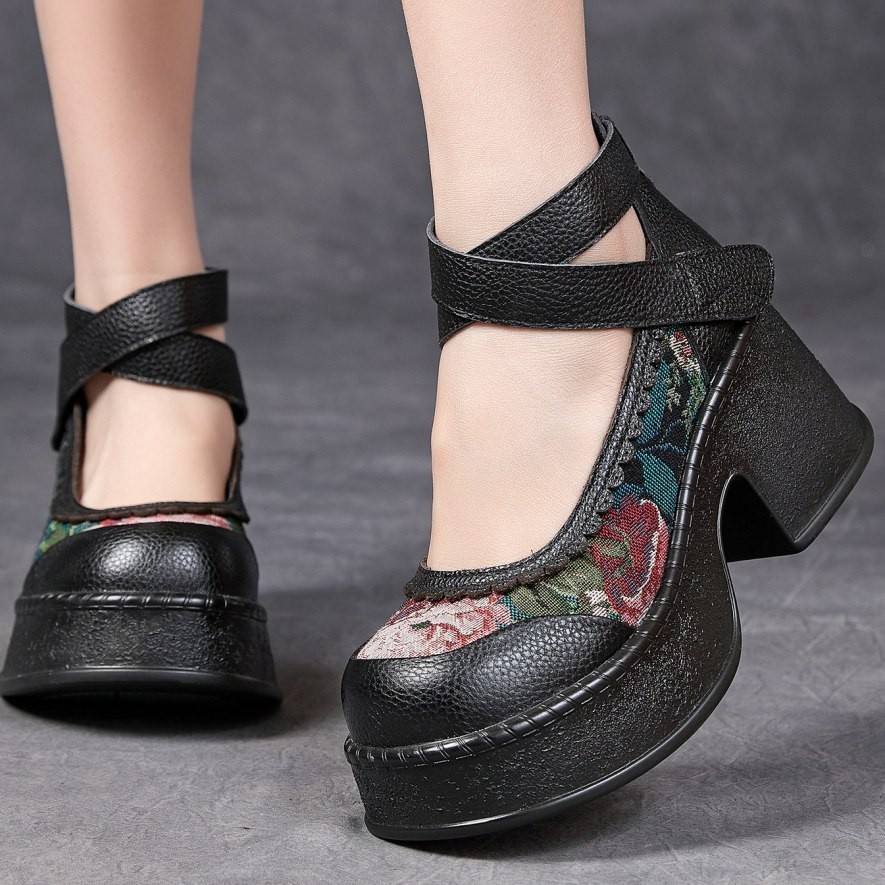 Thick Sole Mary Janes Womens Leather Round Toe Vintage Platform Pumps Shoes Hot