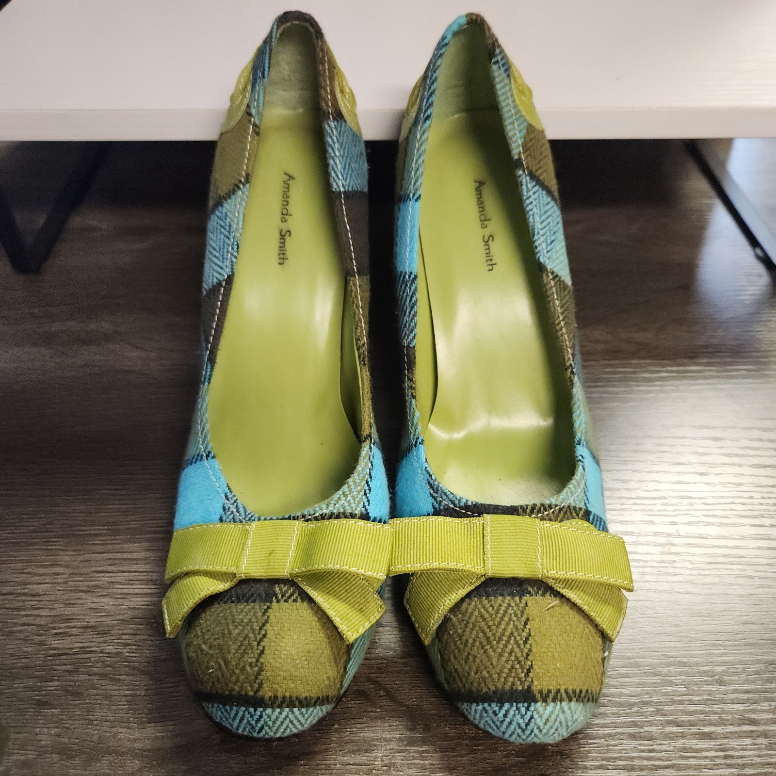 Amanda Smith Pumps Womens 8.5M Blue Green Plaid Bow Heel Preppy Academia