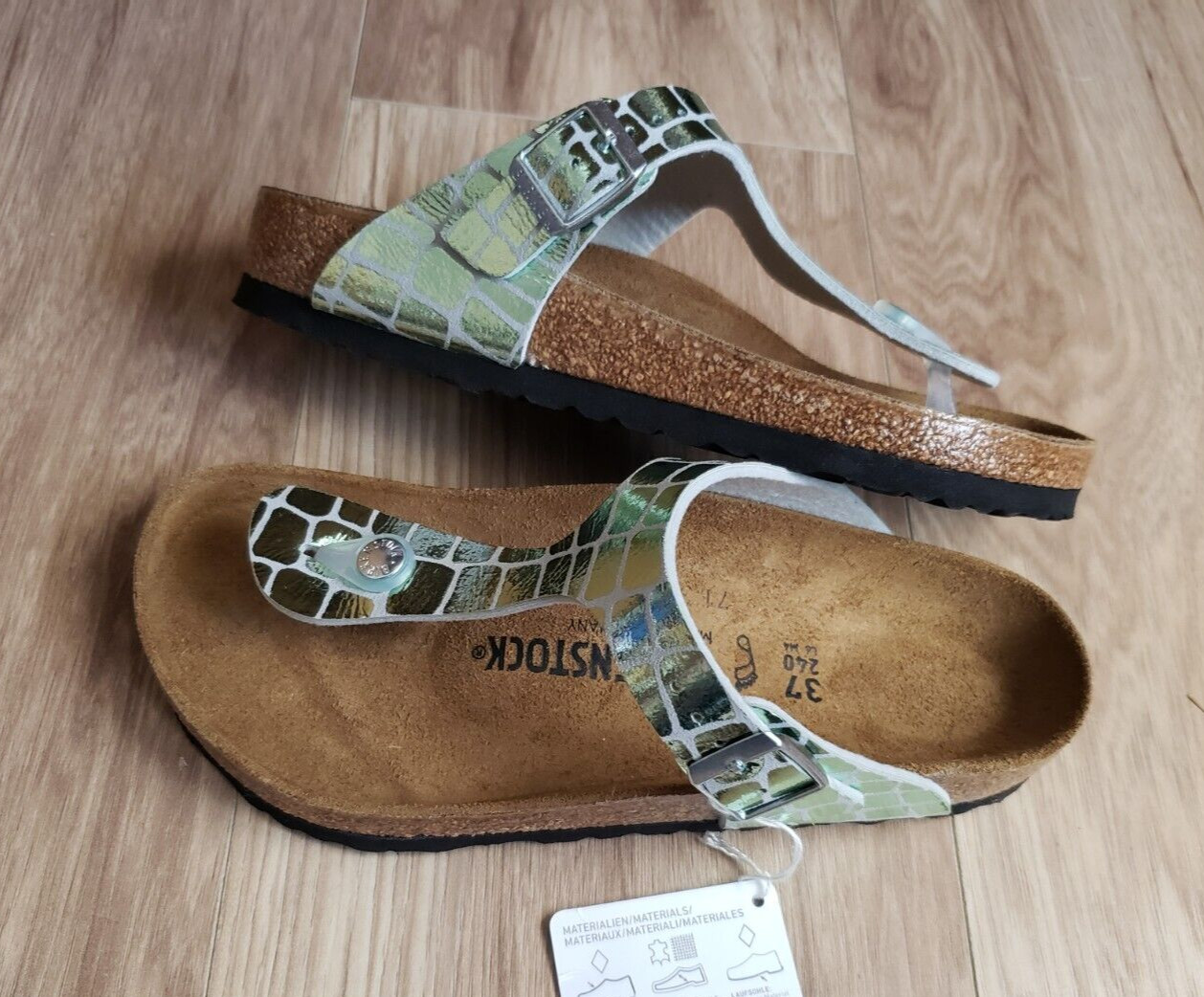 Birkenstock Gizeh Thong Sandals Gator Gleam Pearl Light Mint Silver US 6 37 Reg