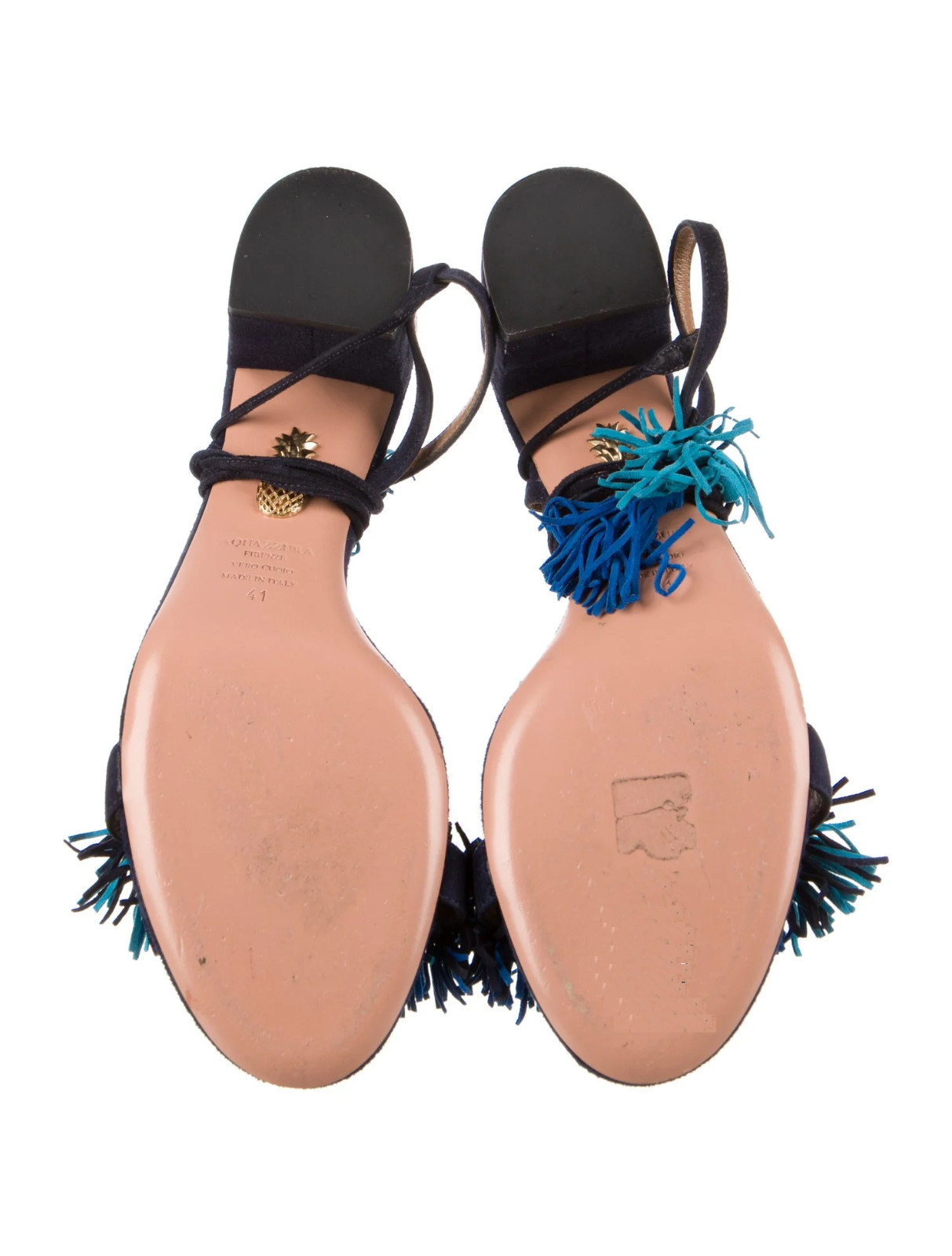AQUAZZURA Blue Suede Tassel Accents T-Strap Sandals Size 11 IT 41 Good Used Cond